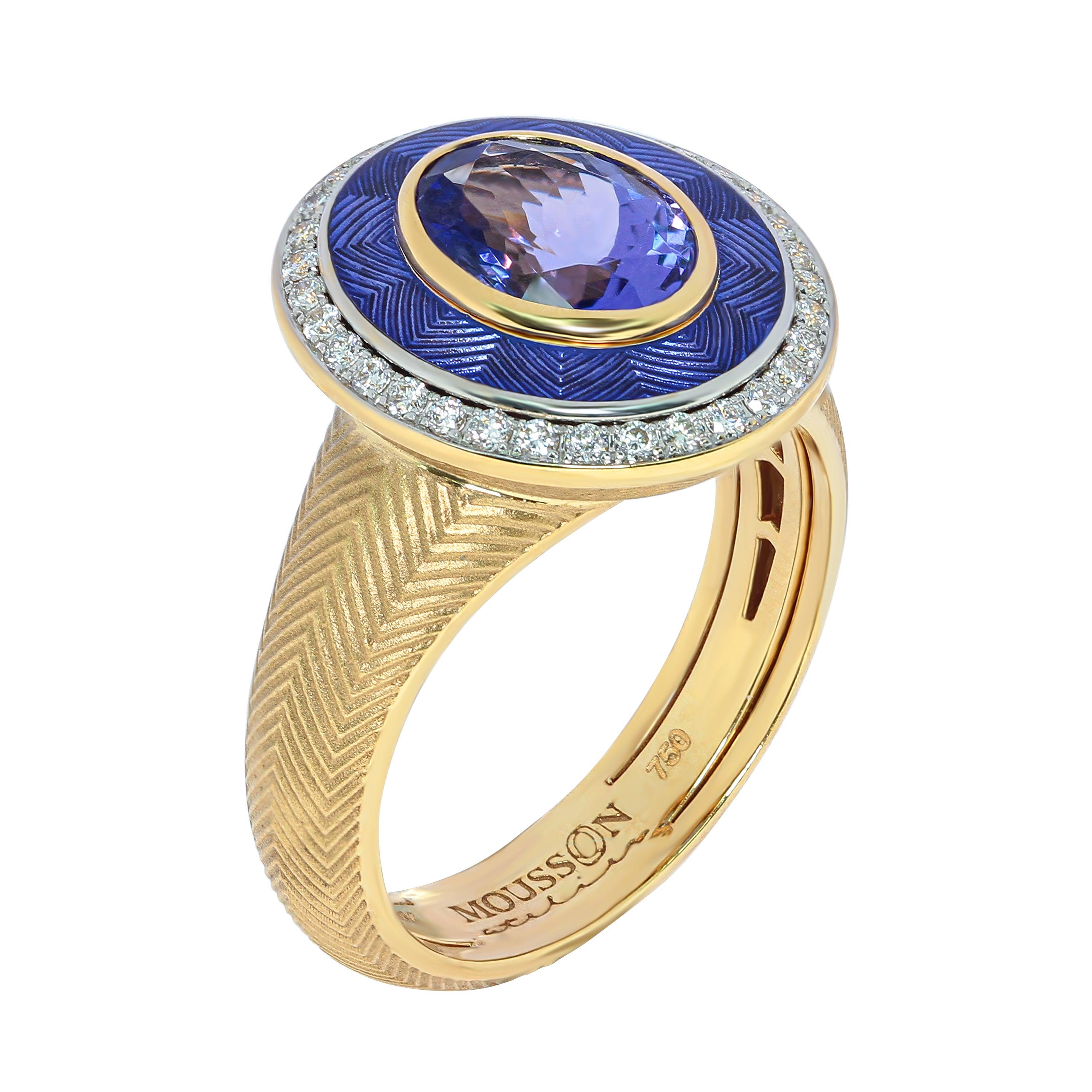 For Sale:  Tanzanite 1.85 Carat Diamonds Enamel 18 Karat Yellow Gold Tweed Ring 2