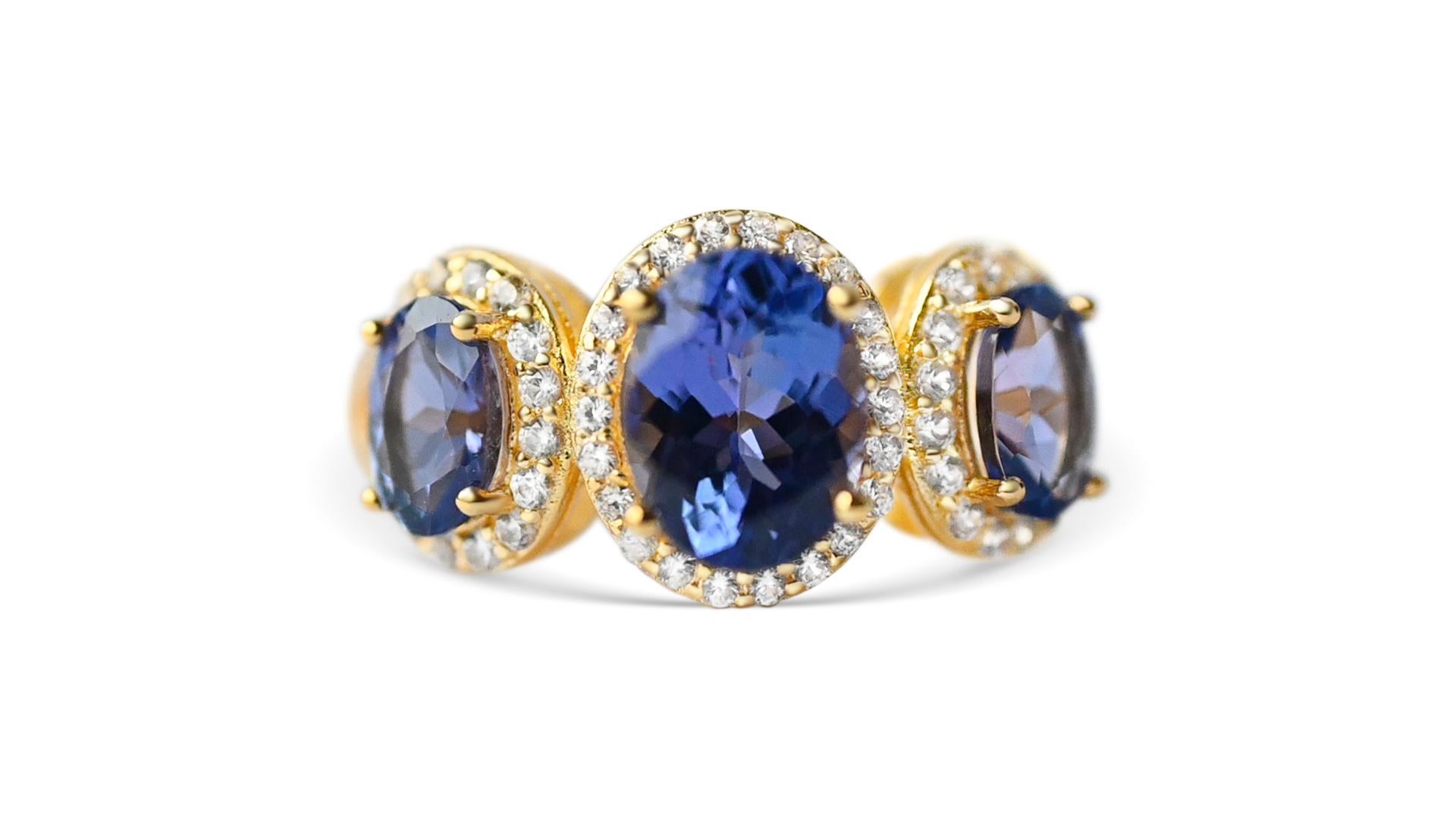 Art Deco 18k Gold Plated Women's Ring Natural Tanzanite December Birthstone 3 Stone Ring For Sale