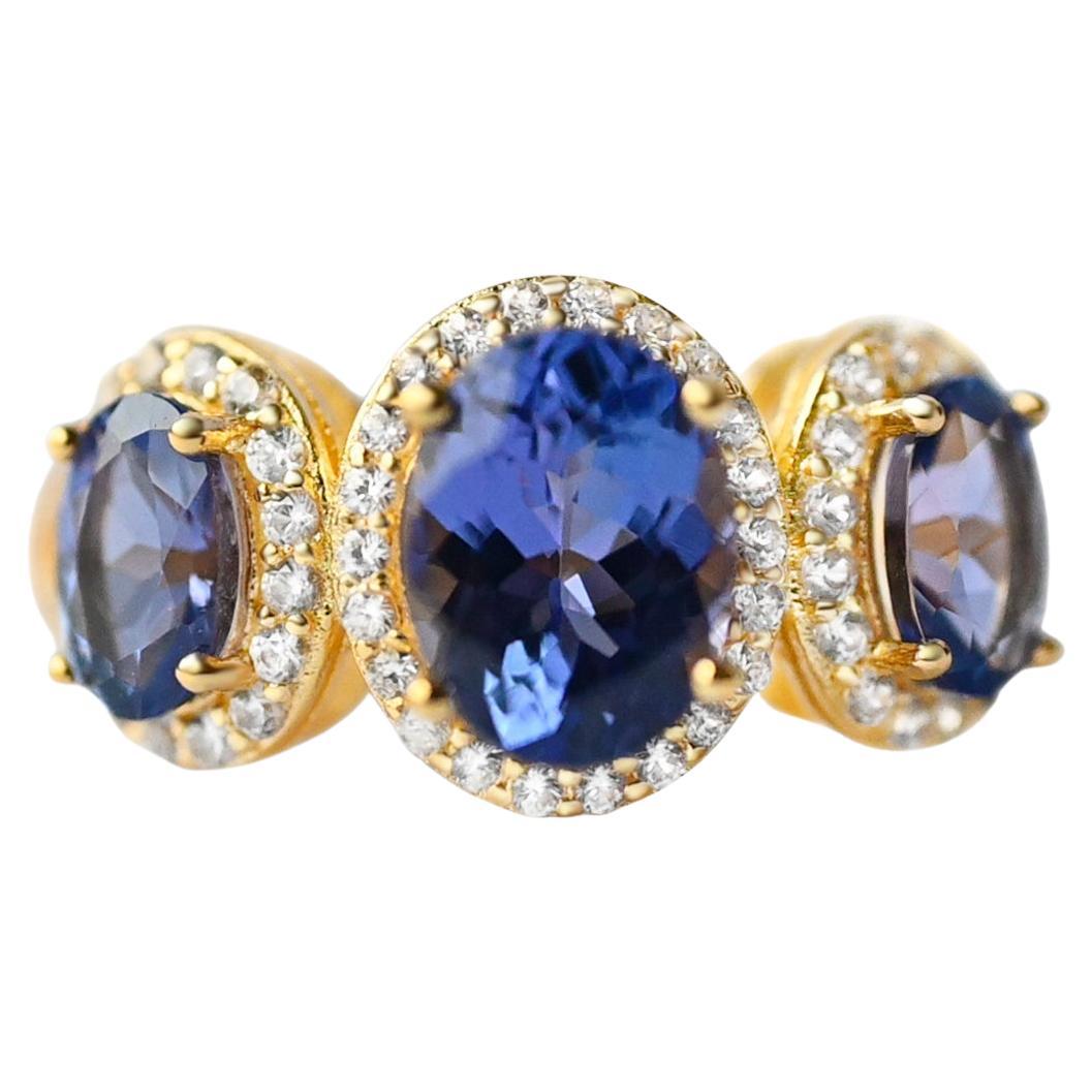 18k Gold Plated Women's Ring Natural Tanzanite December Birthstone 3 Stone Ring