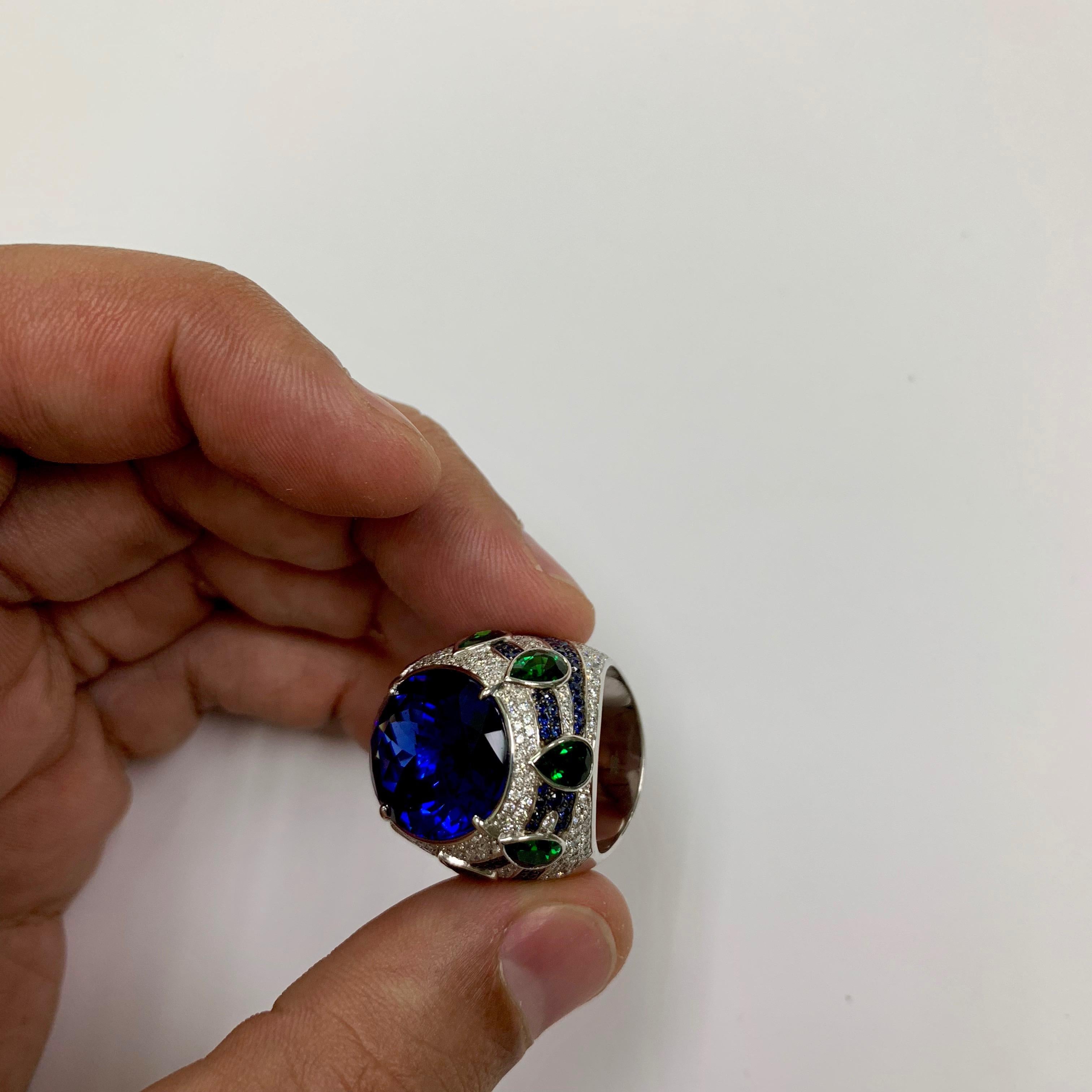 Tanzanite 19.82 Carat Diamonds Tsavorites 18 Karat Gold Oriental Magrib Ring For Sale 1
