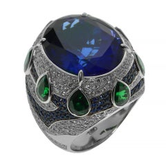 Tanzanite 19.82 Carat Diamonds Tsavorites 18 Karat Gold Oriental Magrib Ring