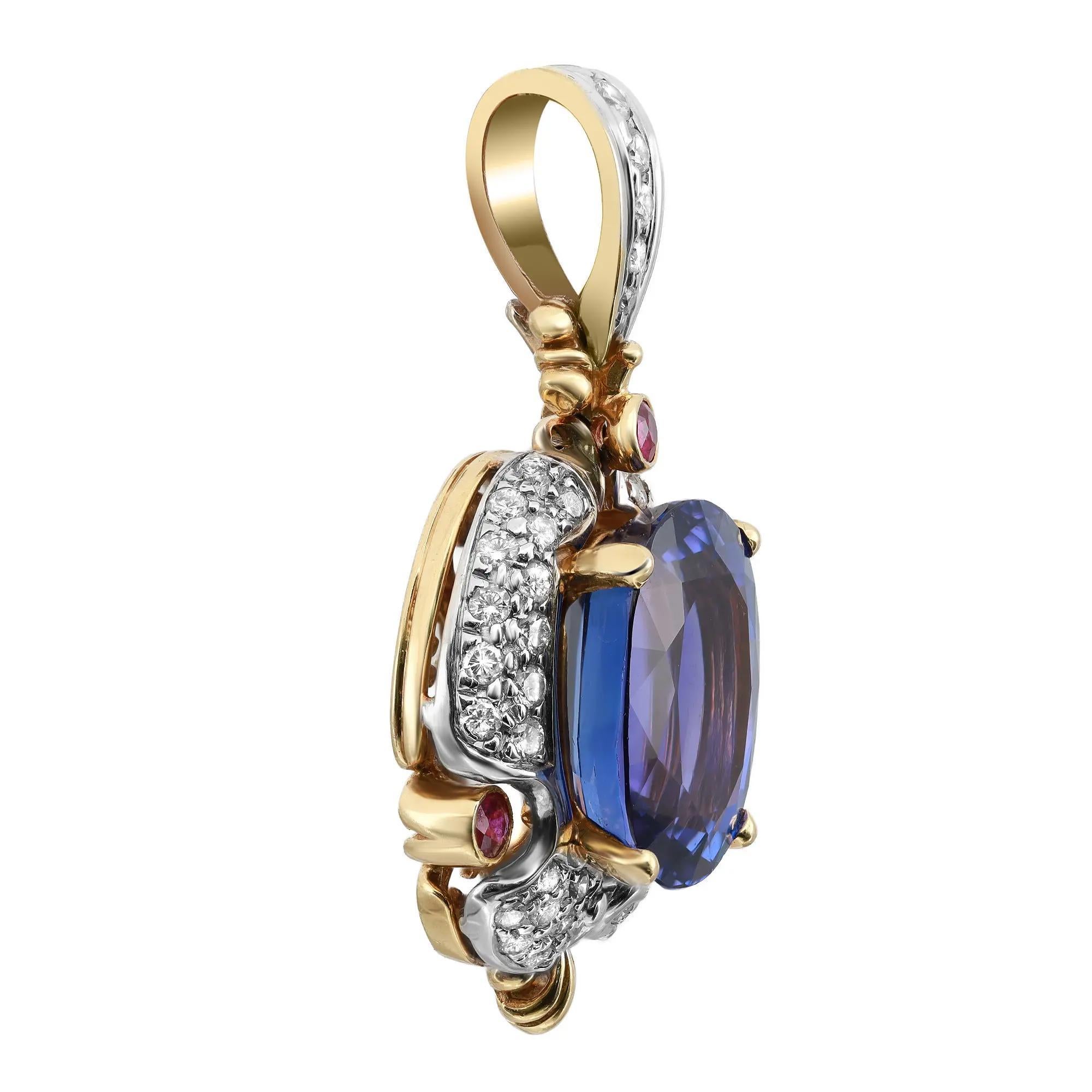 Colgante de tanzanita 21ctw rubí 0.45ctw y diamante 1.36ct oro amarillo y blanco 18K Corte oval en venta
