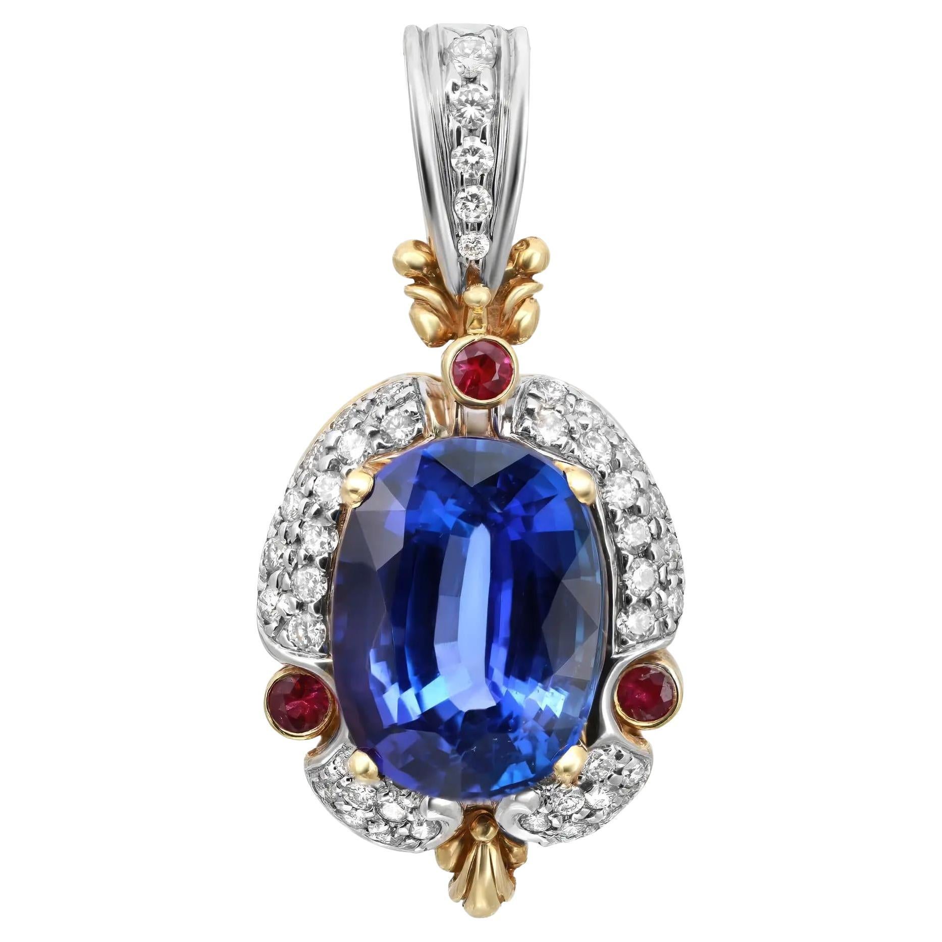 Colgante de tanzanita 21ctw rubí 0.45ctw y diamante 1.36ct oro amarillo y blanco 18K en venta