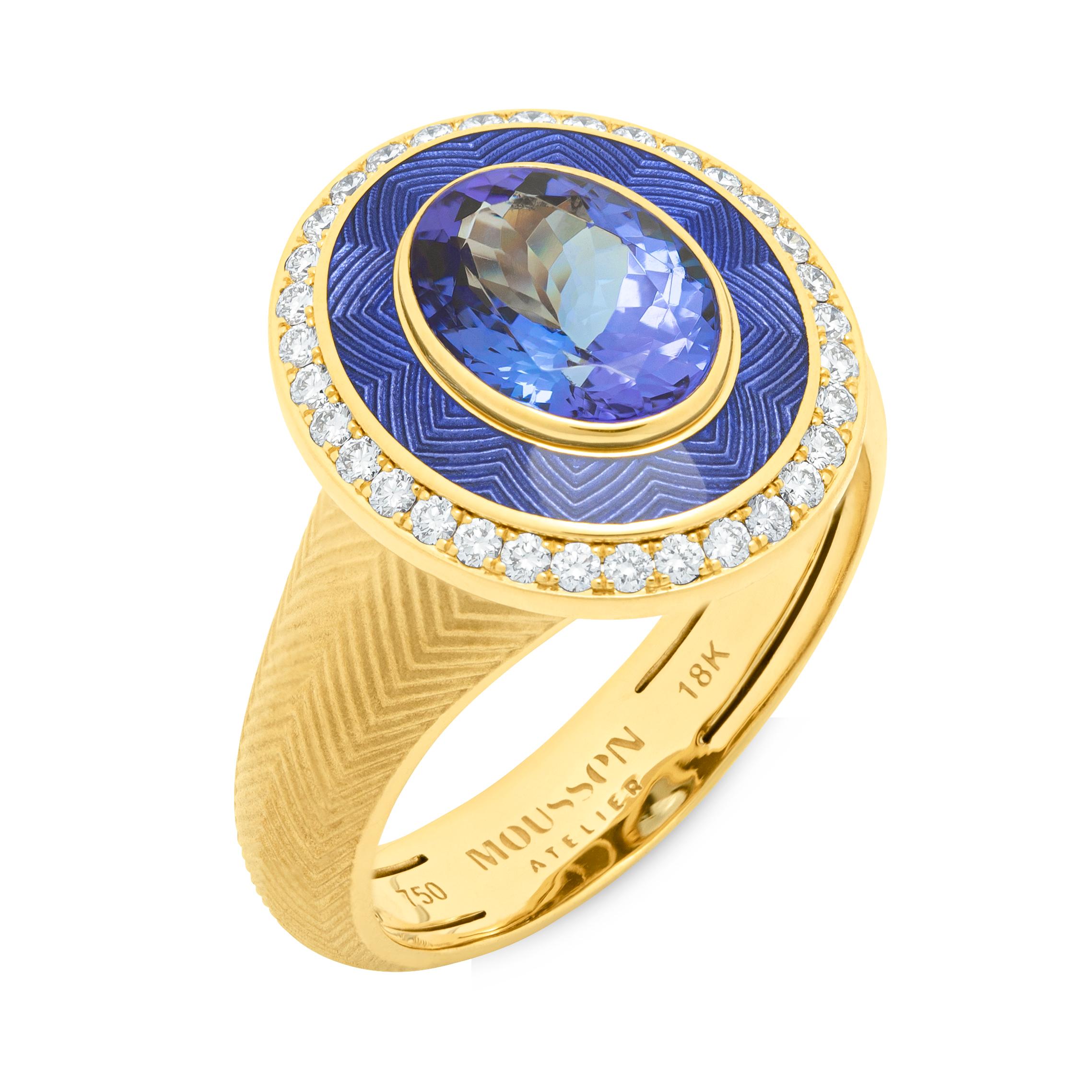 18K Yellow Gold, Enamel, Tanzanite, Diamonds Ring

The Tweed-inspired texture pays homage to guilloche, an intricate and sophisticated technique widely known from the legendary Faberge. Mousson Atelier was the first to bring this rare texture to