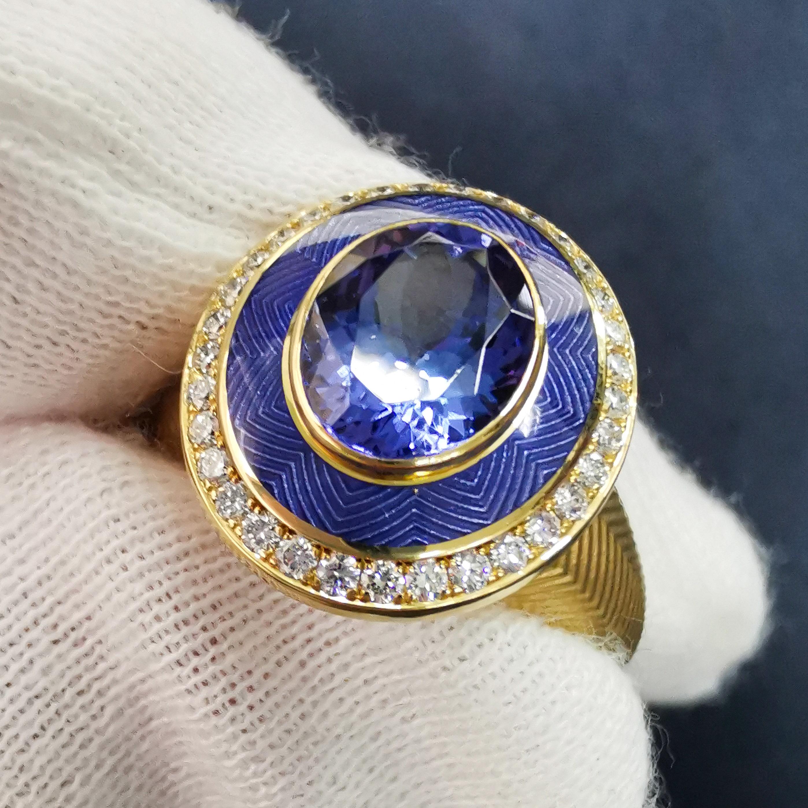 Oval Cut Tanzanite 2.22 Carat Diamonds 18 Karat Yellow Gold Tweed Ring For Sale