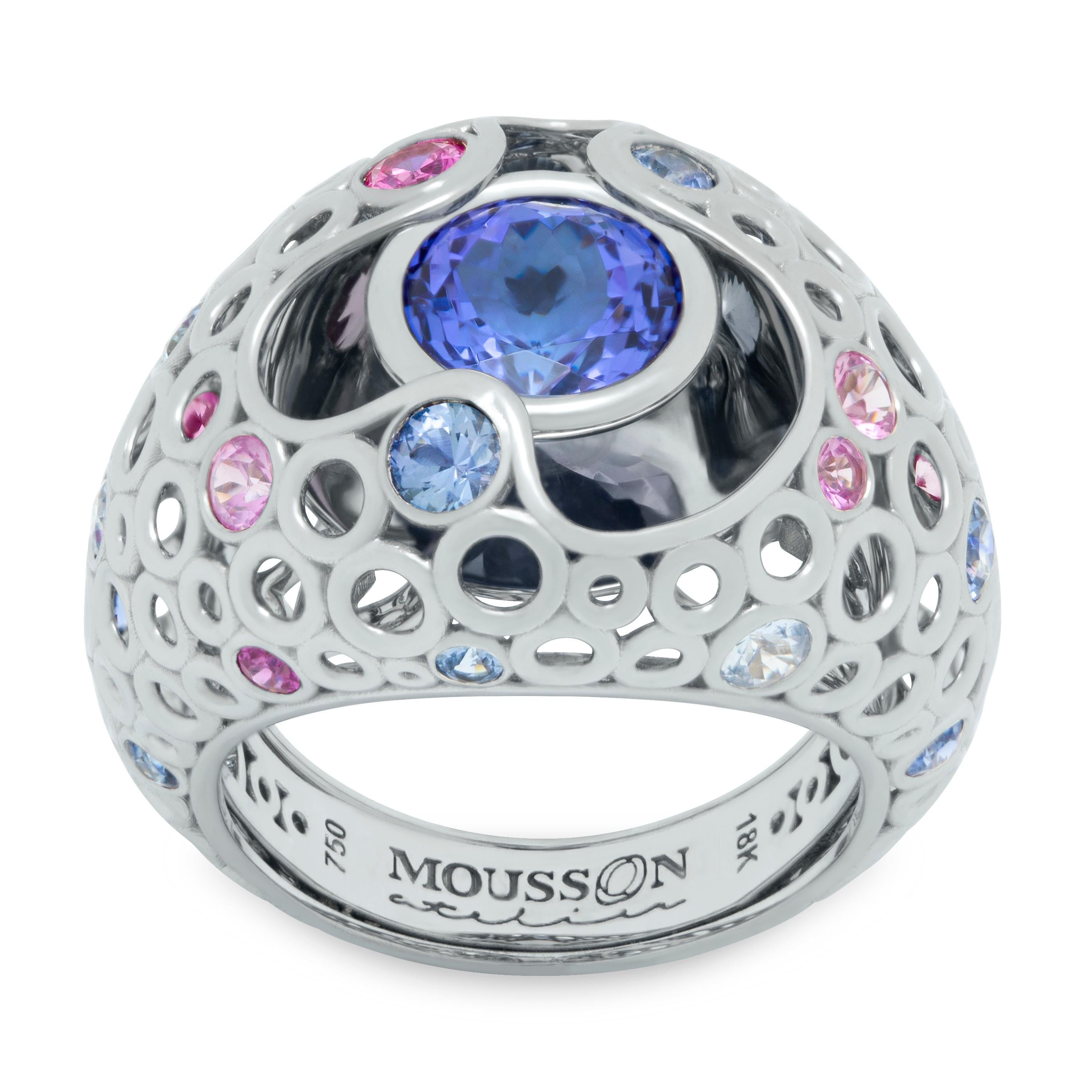 Tanzanite 2.29 Carat Pink Blue Sapphires 18 Karat White Gold Bubble Ring
Incredibly light and airy Ring from our Bubbles Collection. White 18 Karat Gold is made in the form of variety of small bubbles, some of which have 8 and 14 Pink and Blue