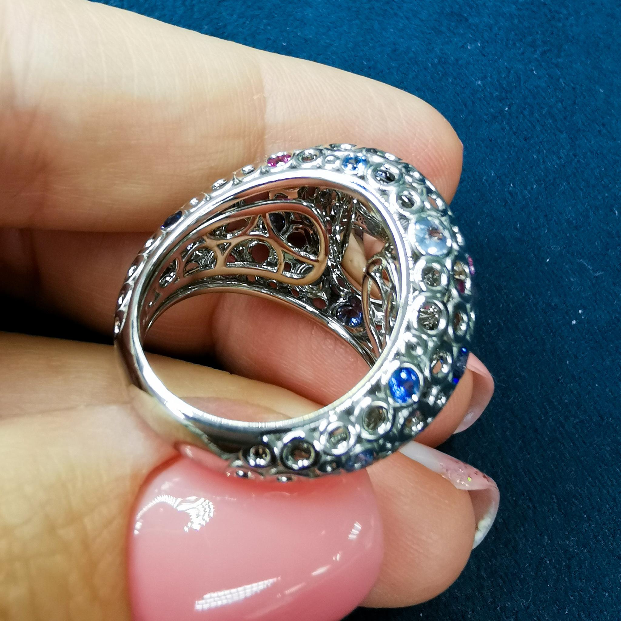 Women's Tanzanite 2.29 Carat Pink Blue Sapphires 18 Karat White Gold Bubble Ring For Sale