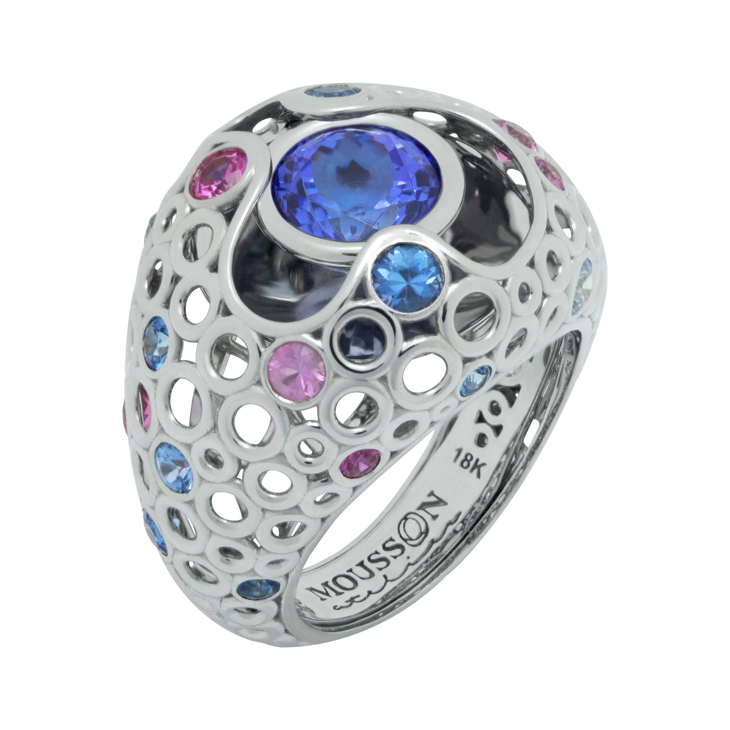 Tanzanite 2.29 Carat Pink Blue Sapphires 18 Karat White Gold Bubble Ring For Sale