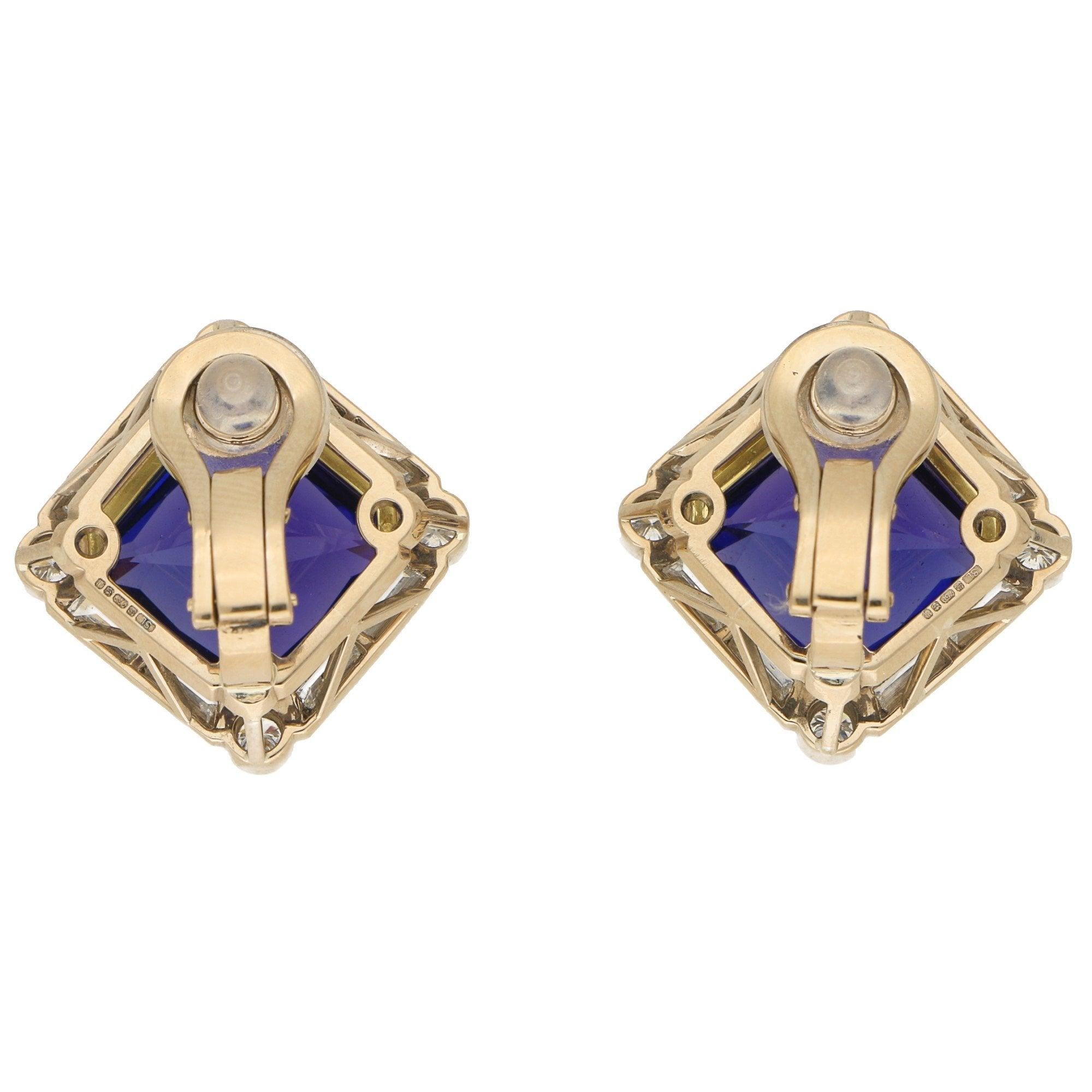 Women's or Men's Art Deco Style Tanzanite and Diamond Clip On Earrings in 18k Gold For Sale