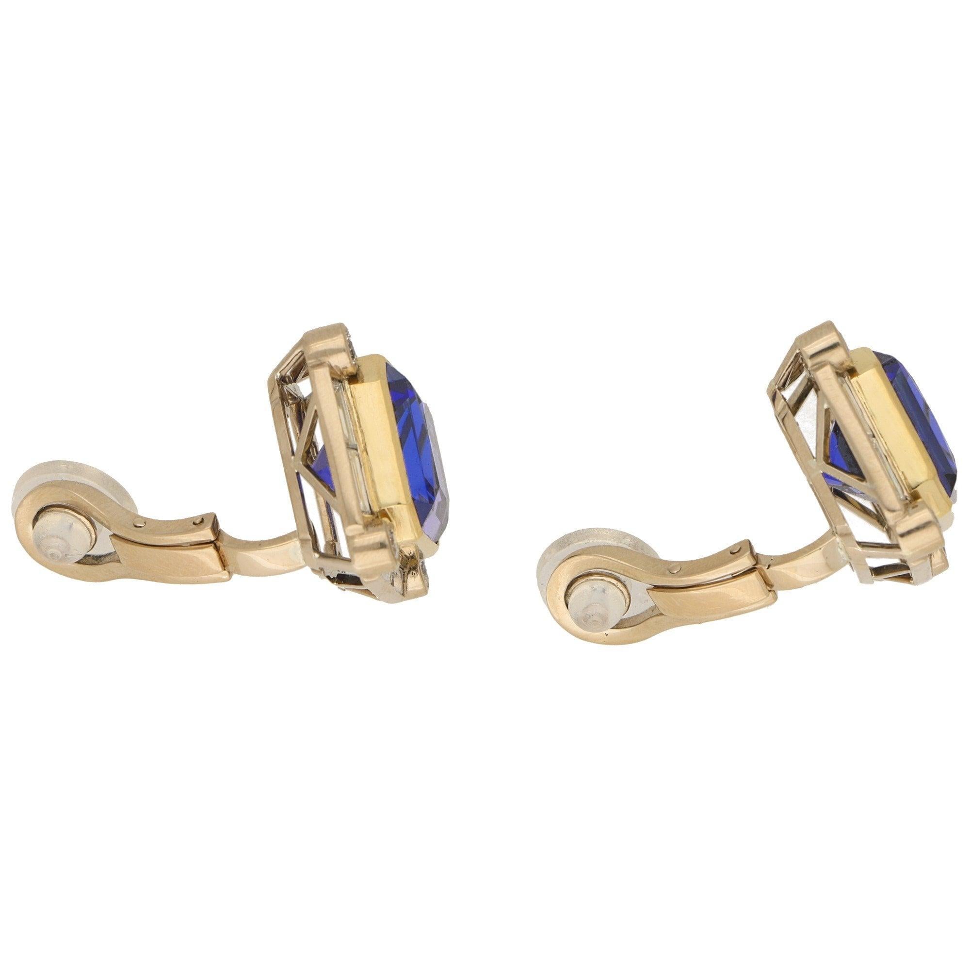 Art Deco Style Tanzanite and Diamond Clip On Earrings in 18k Gold For Sale 1