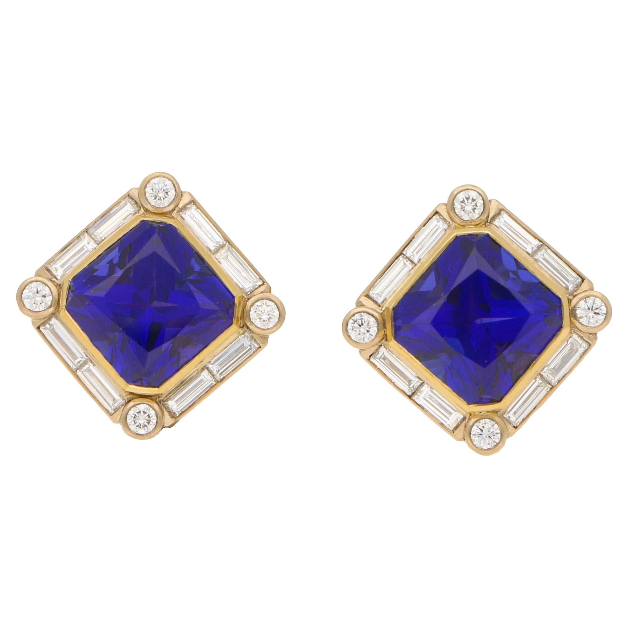 Clips d'oreilles en or 18 carats avec tanzanite et diamants de style Art déco