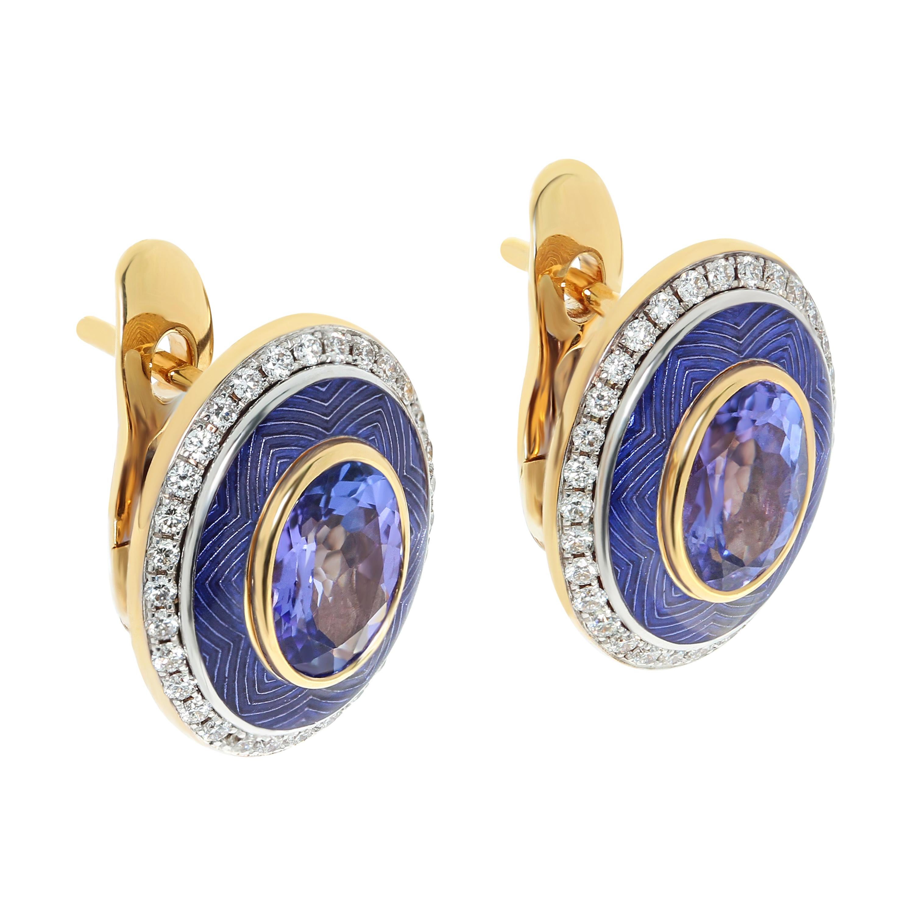 Tanzanite 2.43 Carat Diamonds Enamel 18 Karat Yellow Gold Tweed Earrings
