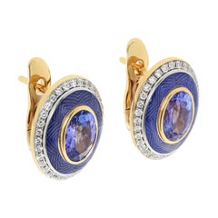 Tanzanite 2.43 Carat Diamonds Enamel 18 Karat Yellow Gold Tweed Earrings