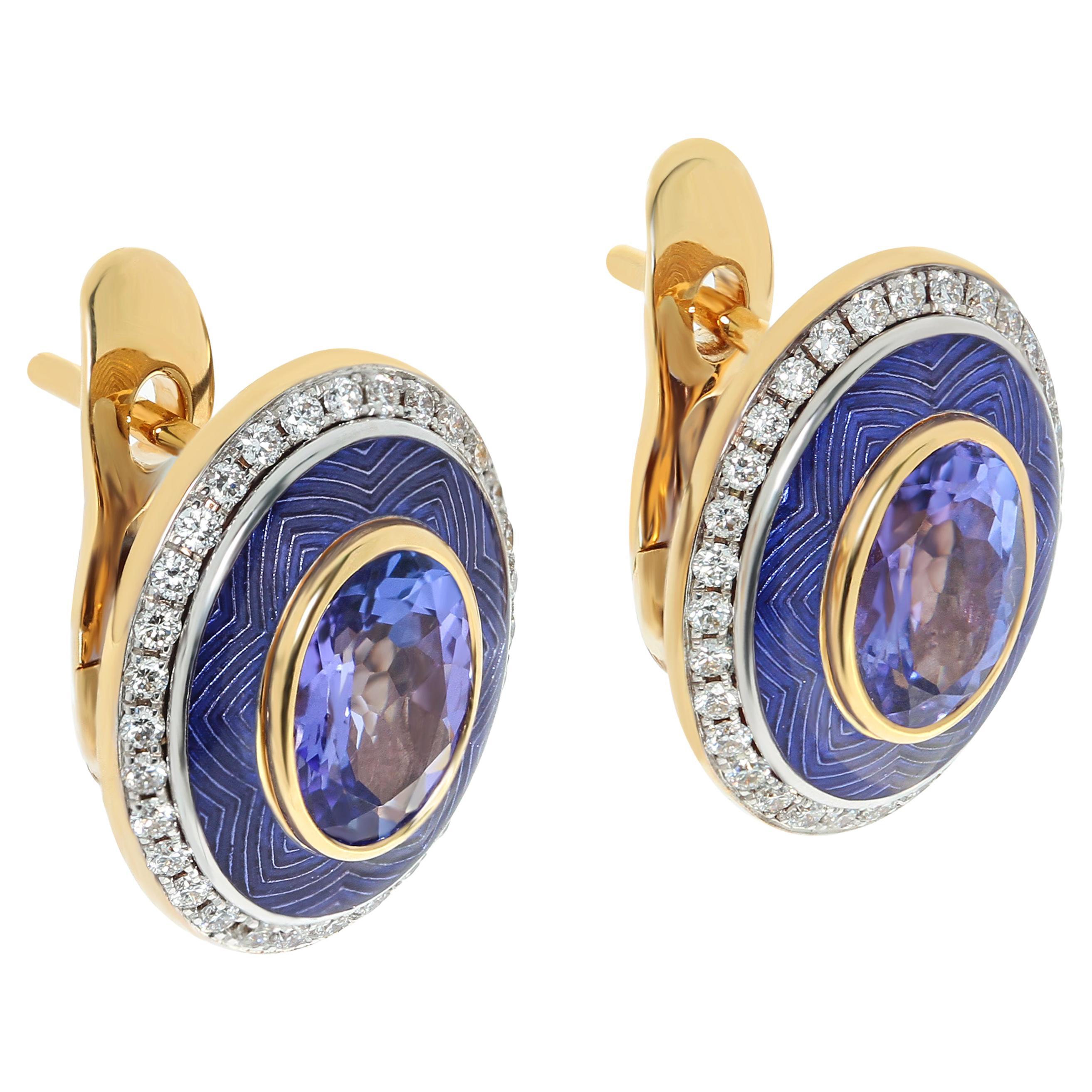 Tanzanite 2.43 Carat Diamonds Enamel 18 Karat Yellow Gold Tweed Earrings For Sale
