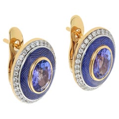 Tanzanite 2.43 Carat Diamonds Enamel 18 Karat Yellow Gold Tweed Earrings