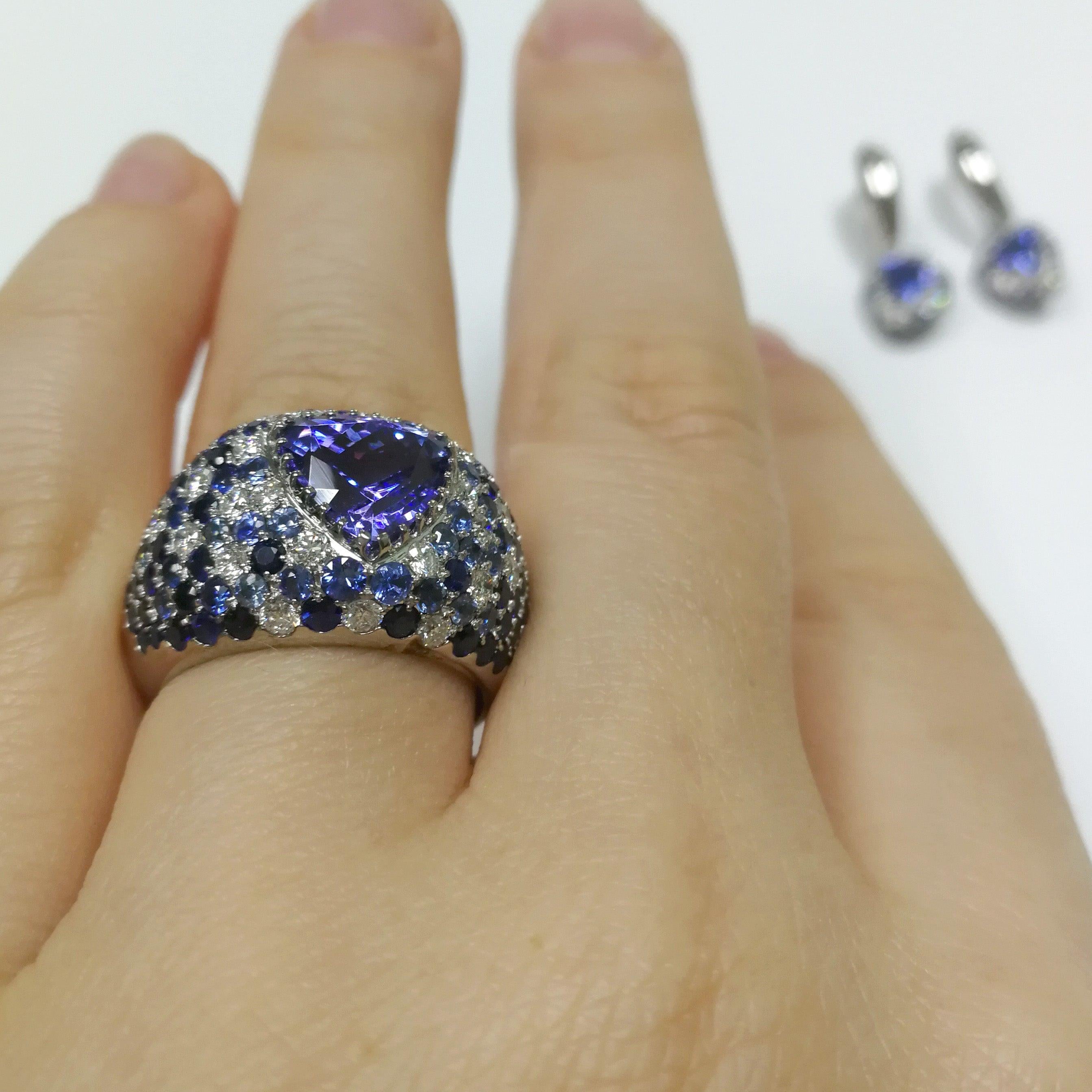 Tanzanite 2.80 Carat Diamonds Blue Sapphires White 18 Karat Gold Riviera Ring 10