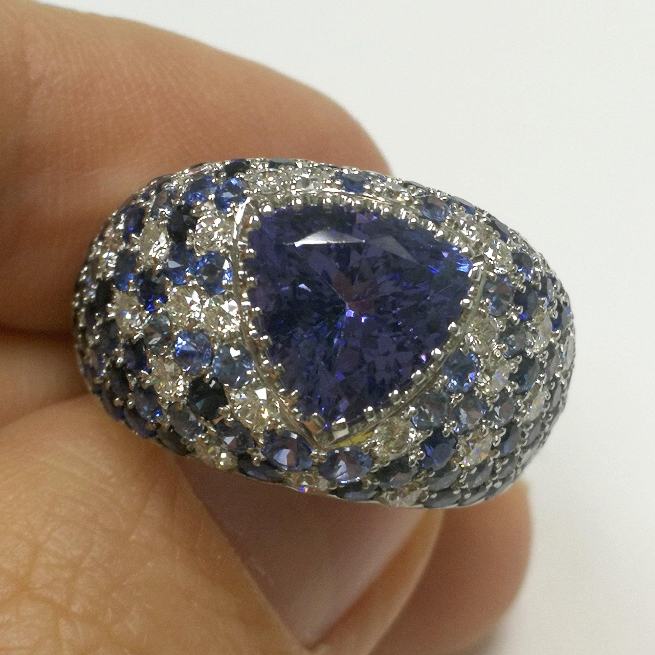 Tanzanite 2.80 Carat Diamonds Blue Sapphires White 18 Karat Gold Riviera Ring 3