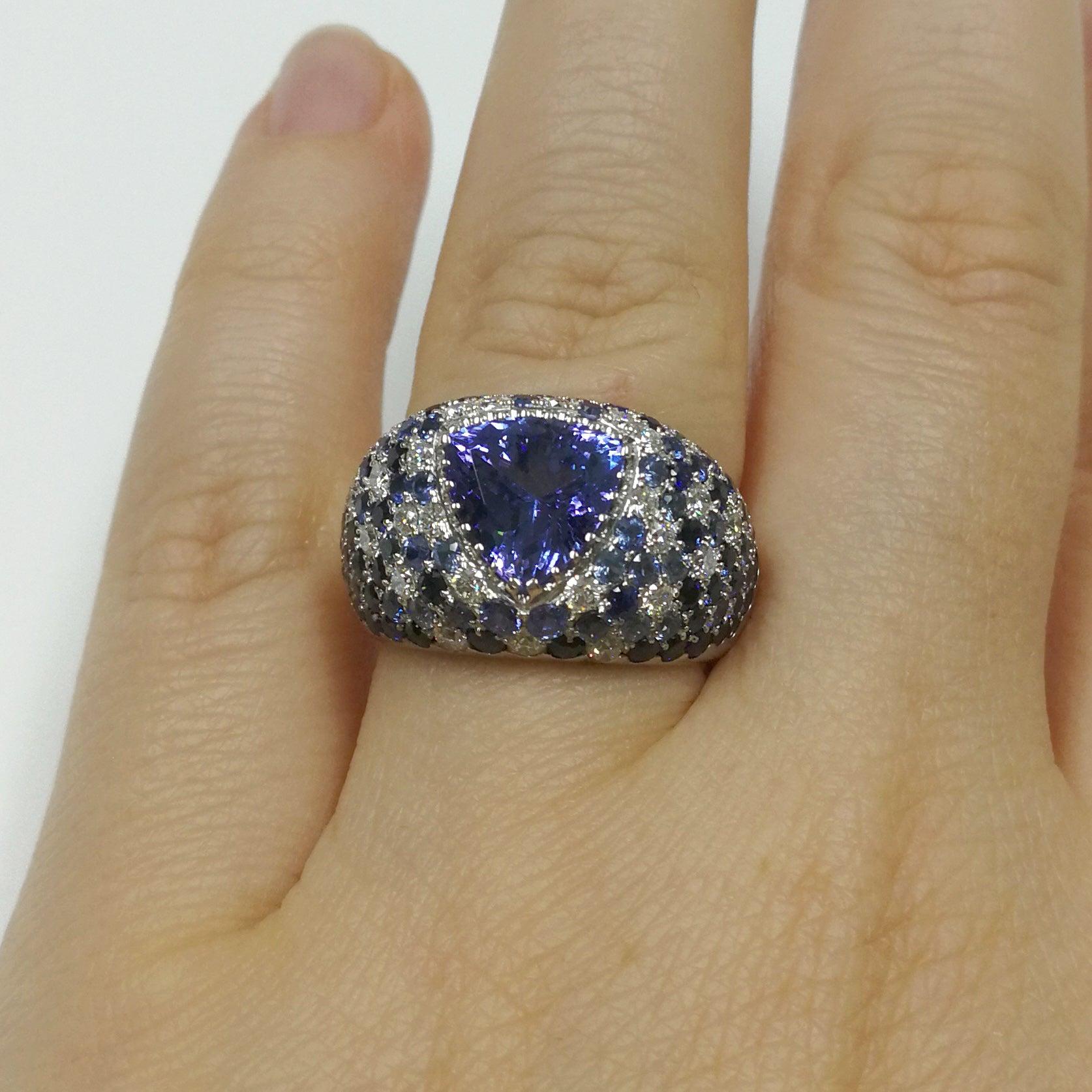 For Sale:  Tanzanite 2.80 Carat Diamonds Blue Sapphires White 18 Karat Gold Riviera Ring 8