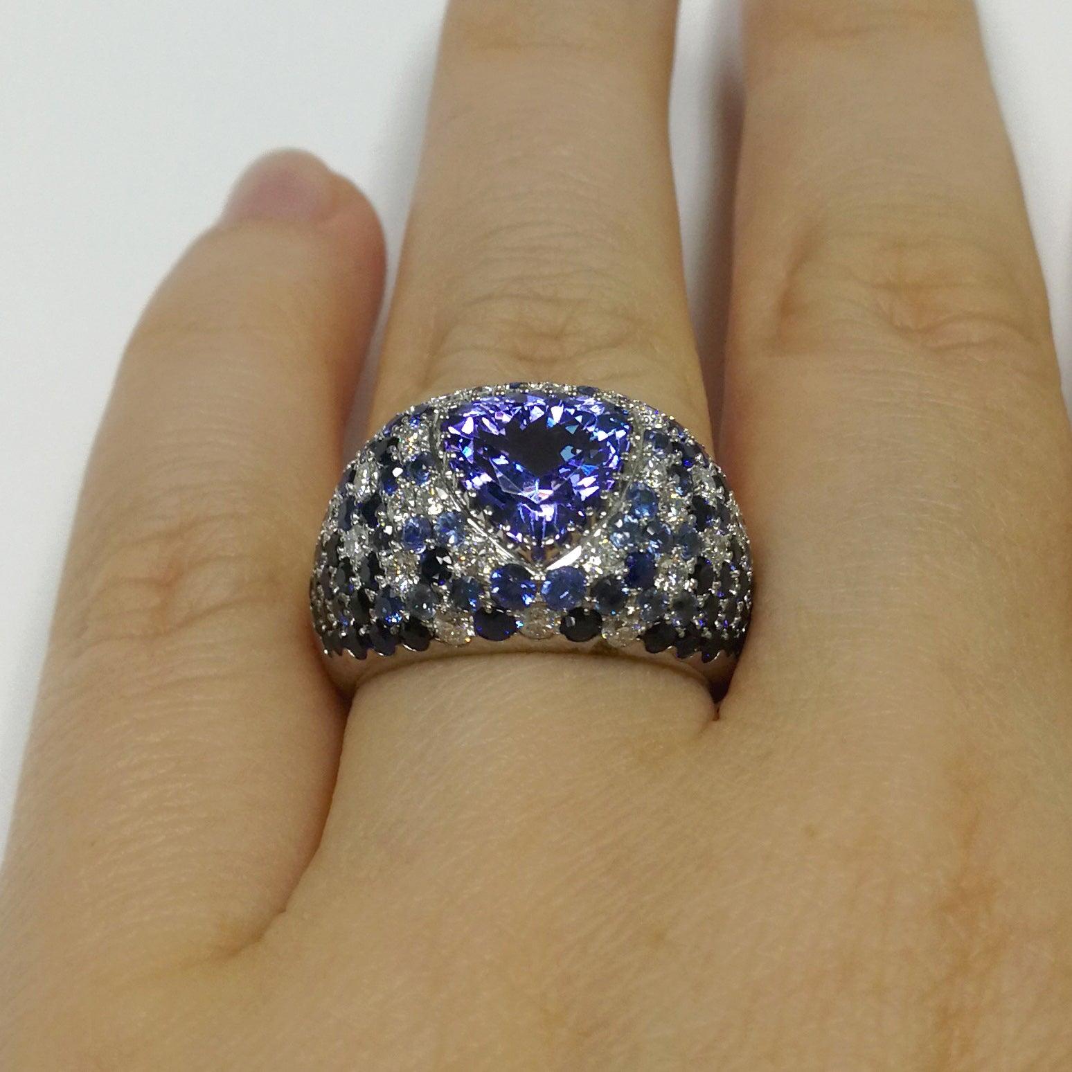 For Sale:  Tanzanite 2.80 Carat Diamonds Blue Sapphires White 18 Karat Gold Riviera Ring 9