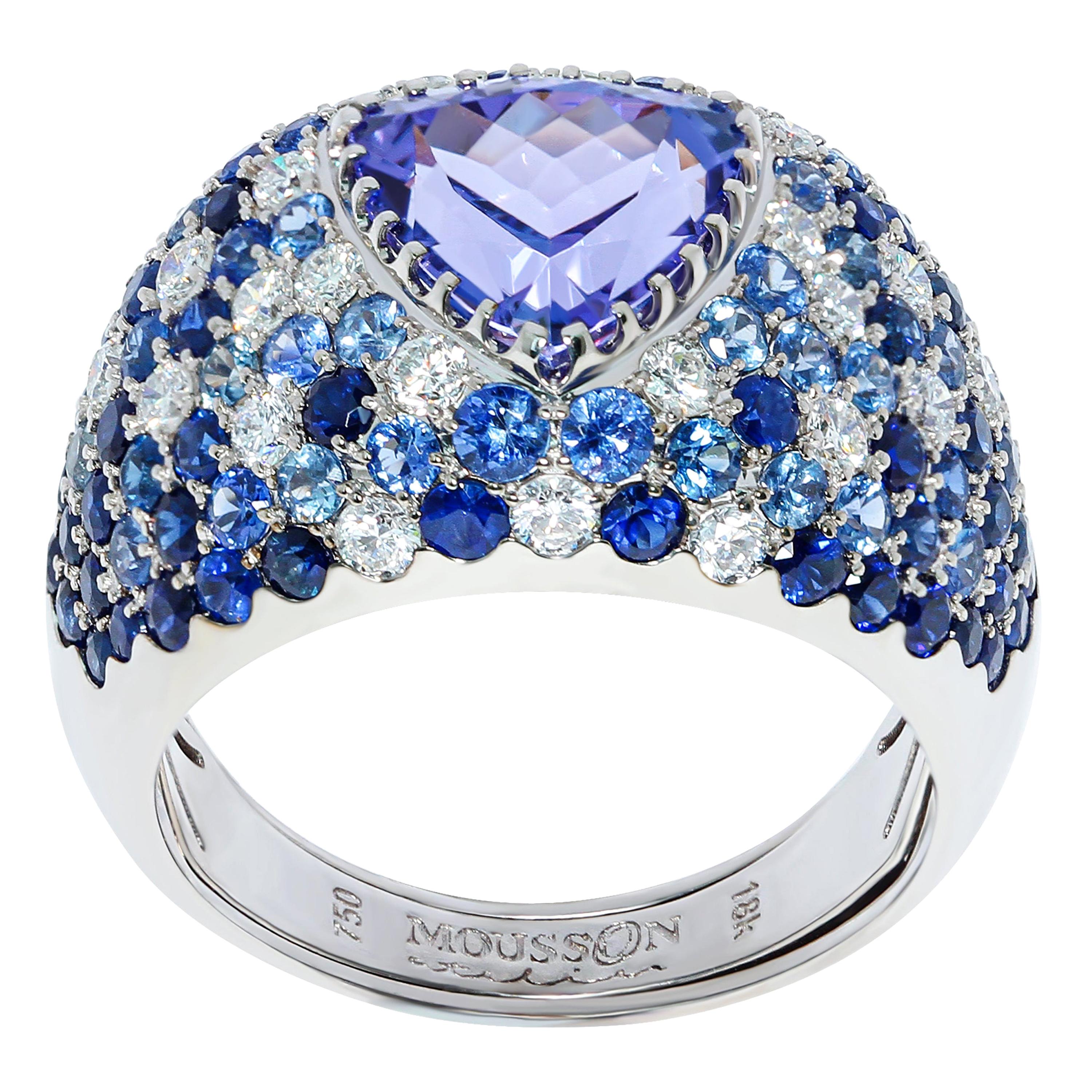 Tanzanite 2.80 Carat Diamonds Blue Sapphires White 18 Karat Gold Riviera Ring