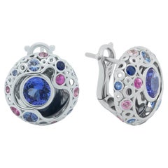 Boucles d'oreilles bulles en or blanc 18 carats avec tanzanite et saphirs roses et bleus de 2,82 carats