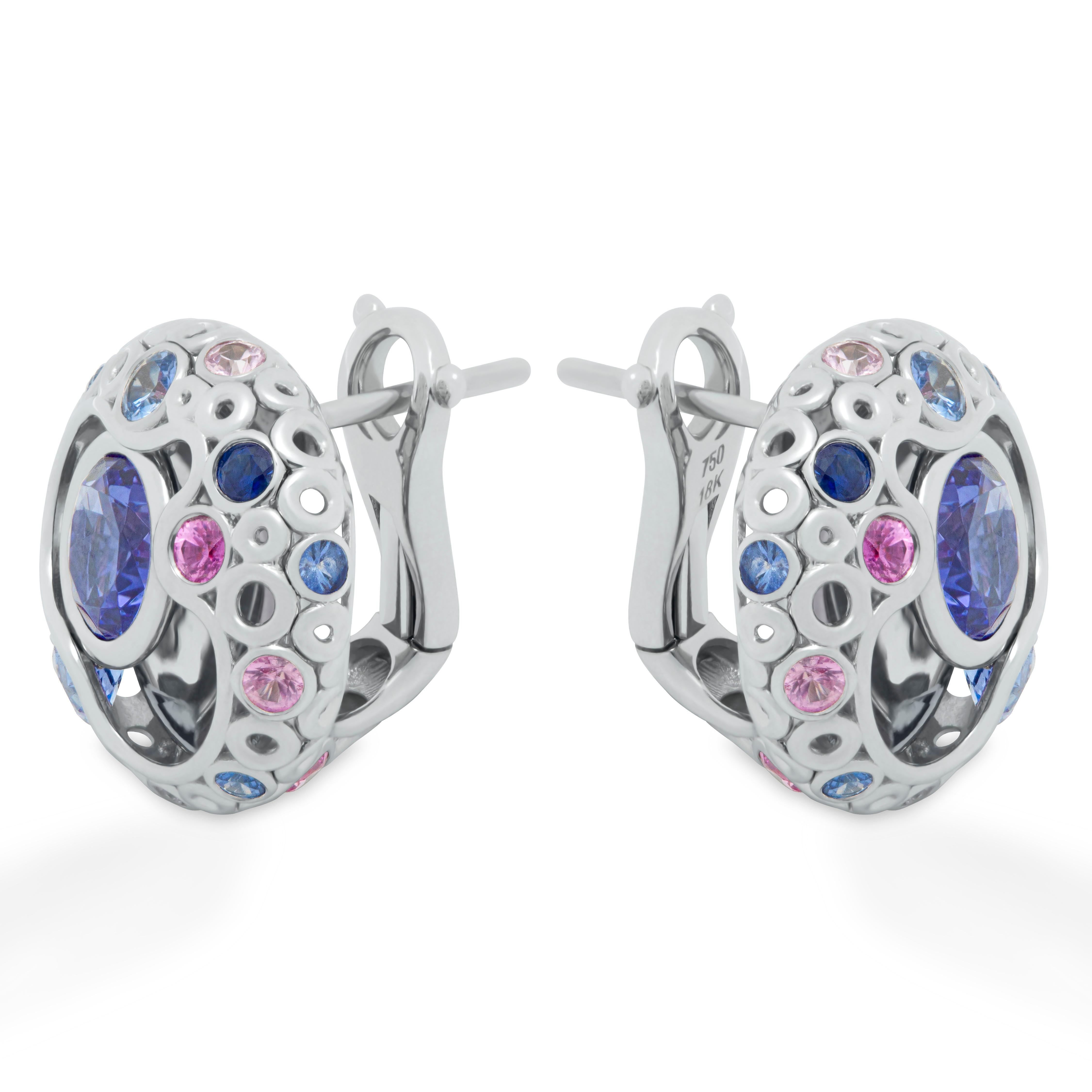 Contemporary Tanzanite 2.82 Carat Pink Blue Sapphires 18 Karat White Gold Bubble Earrings For Sale