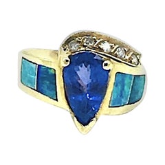 Tanzanite 3 Carat and Australian Opal Inlay, Diamond, 14 Karat