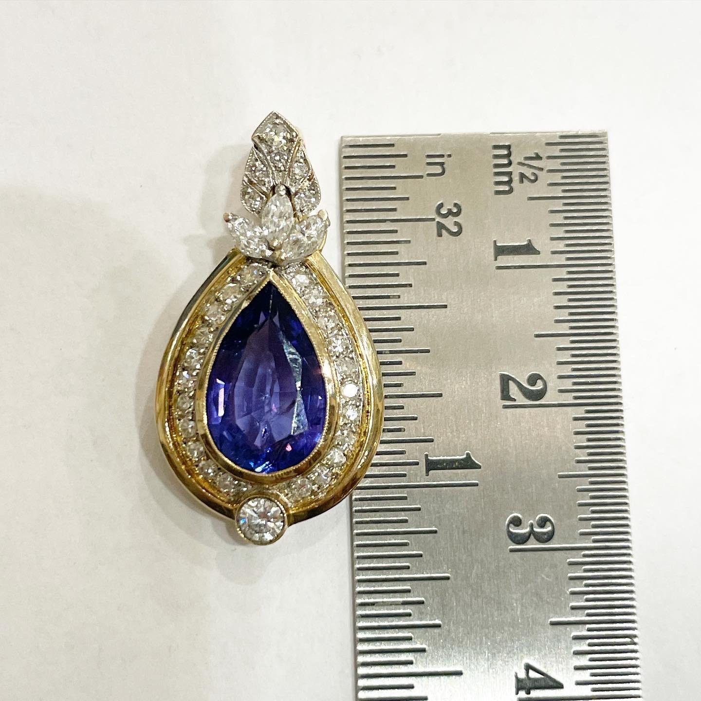 Brilliant Cut Tanzanite 3.5 Carat Pear Cut Diamond 18k Yellow and White Gold Pendant For Sale