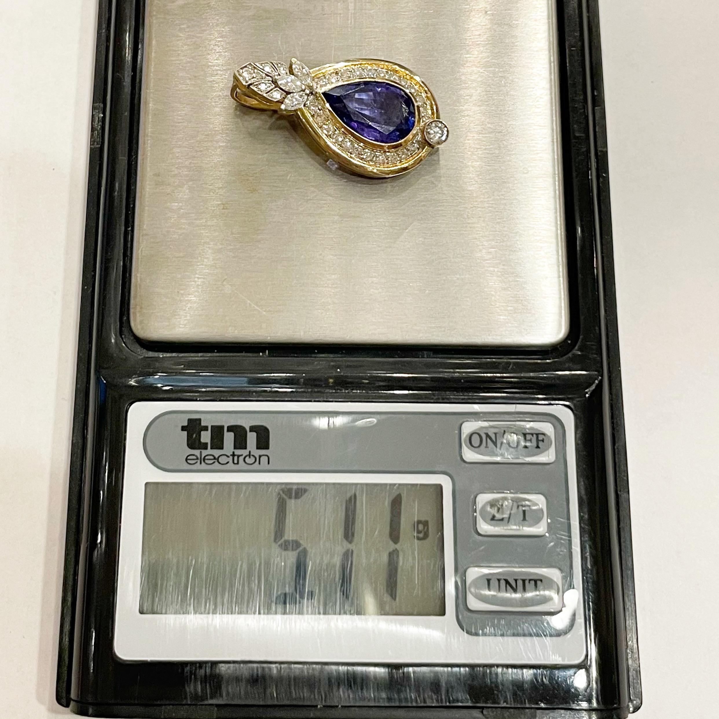 Tanzanite 3.5 Carat Pear Cut Diamond 18k Yellow and White Gold Pendant For Sale 3