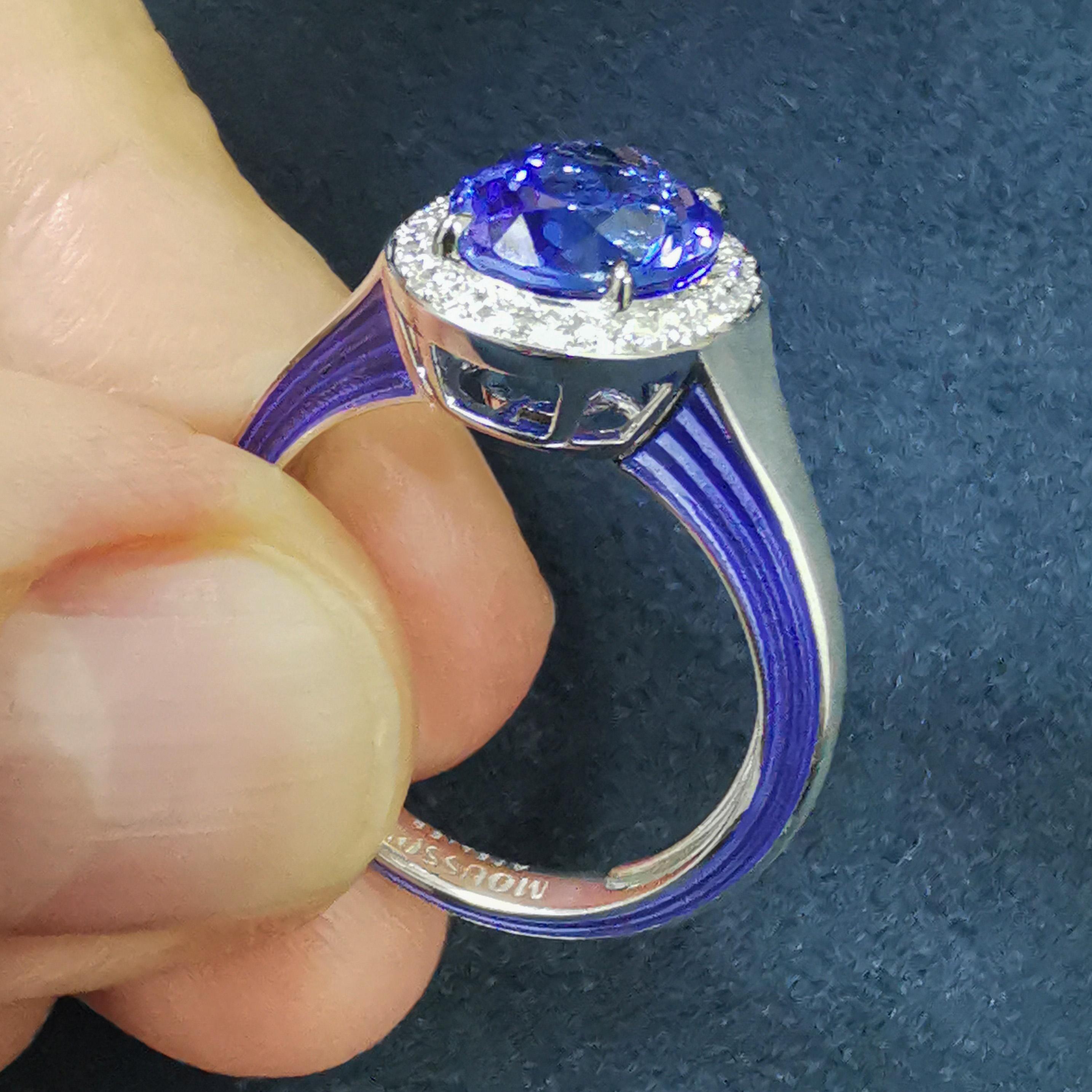 Oval Cut Tanzanite 3.68 Carat Diamonds 18 Karat White Gold Enamel New Classic Ring For Sale