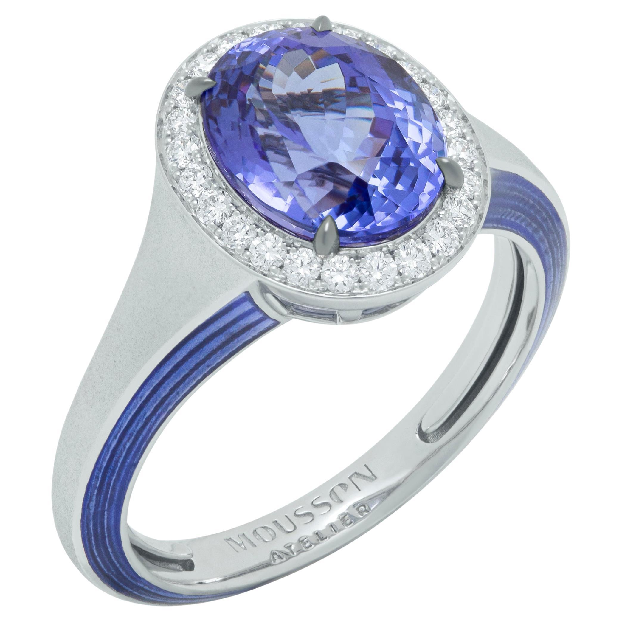 Tanzanite 3.68 Carat Diamonds 18 Karat White Gold Enamel New Classic Ring For Sale