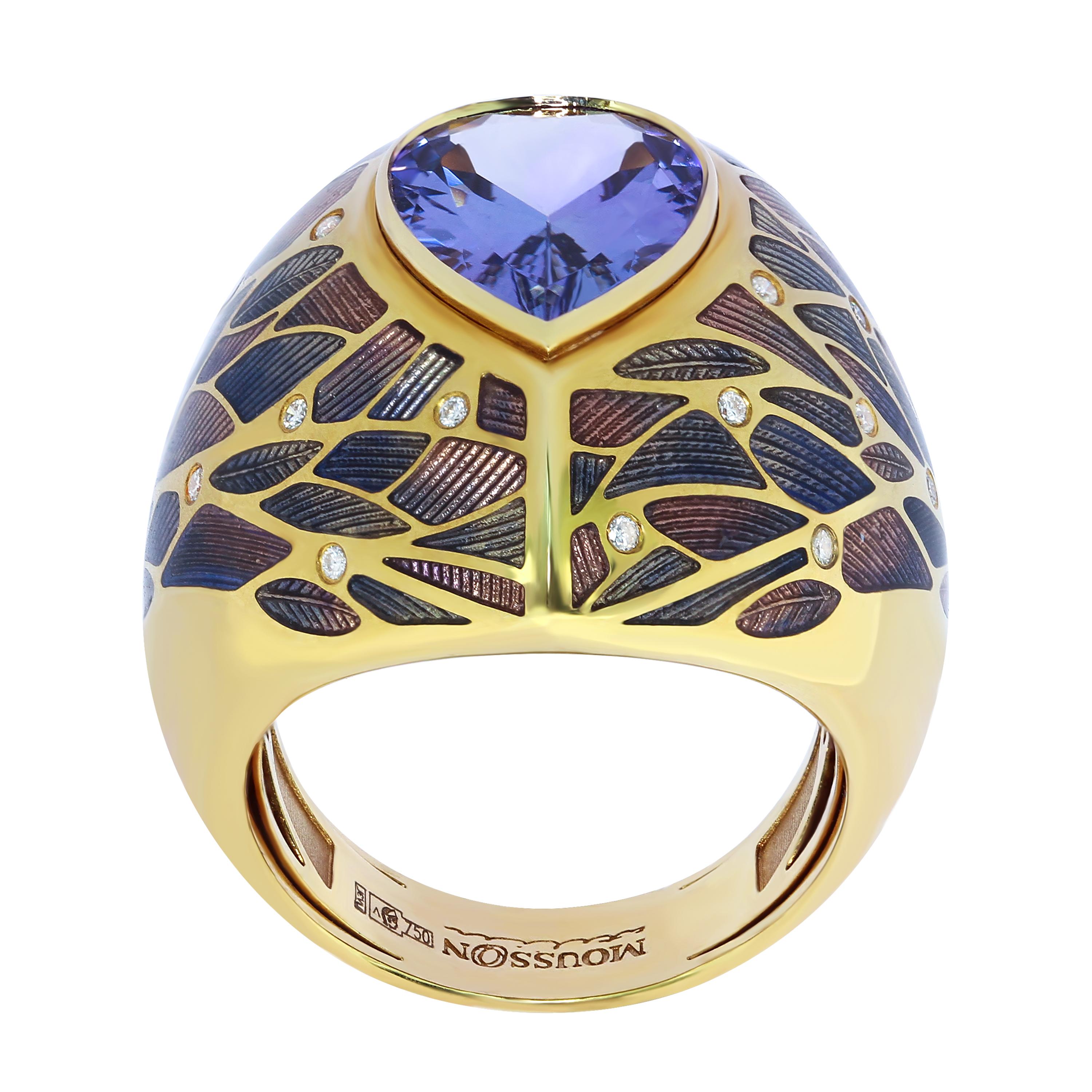 Tanzanite 3.76 Carat Diamonds 18 Karat Yellow Gold Four Seasons Ring
Ring from the Four Seasons Collection is more like a transition from autumn to winter. The patterns on Yellow 18 Karat Gold are made from specially selected shades of Enamel to
