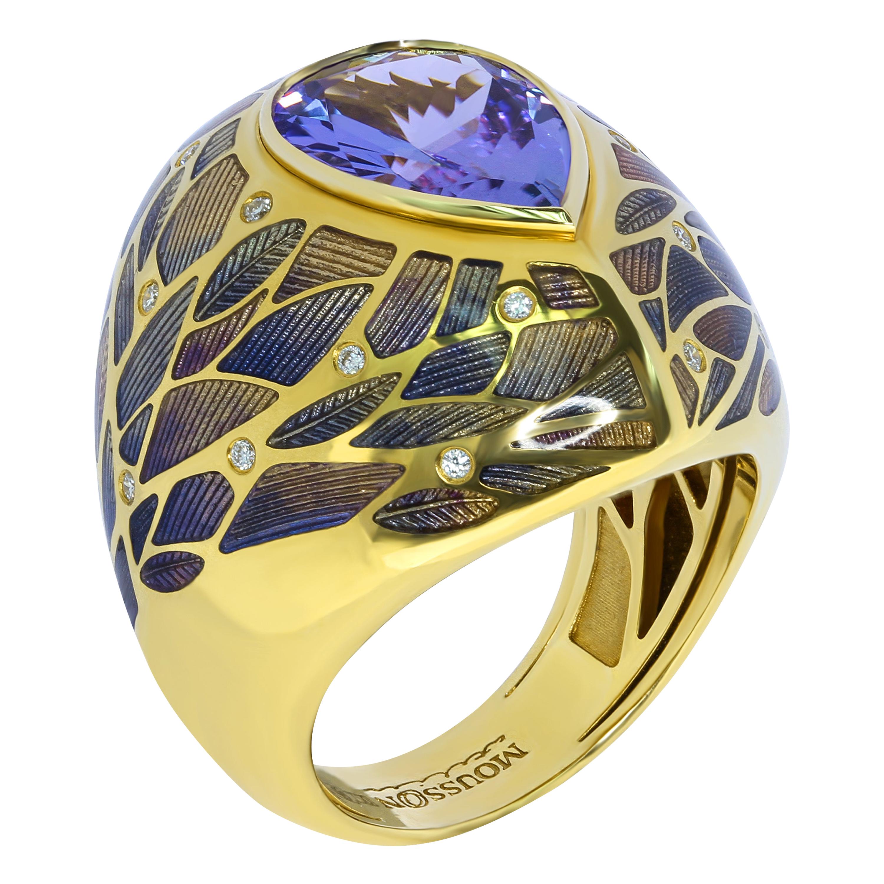 Tanzanite 3.76 Carat Diamonds 18 Karat Yellow Gold Four Seasons Ring For Sale