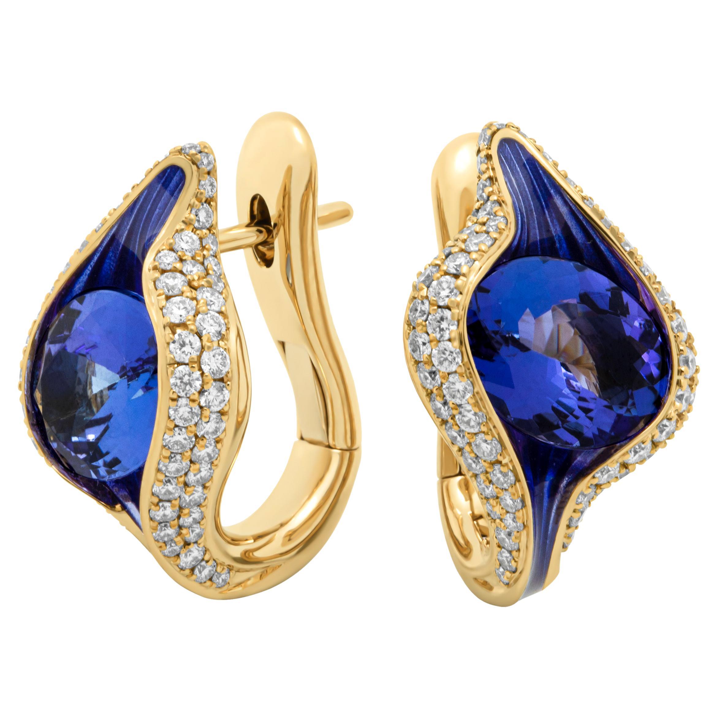 Tanzanite 3.89 Carat Diamonds Enamel 18 Karat Yellow Gold Earrings For Sale