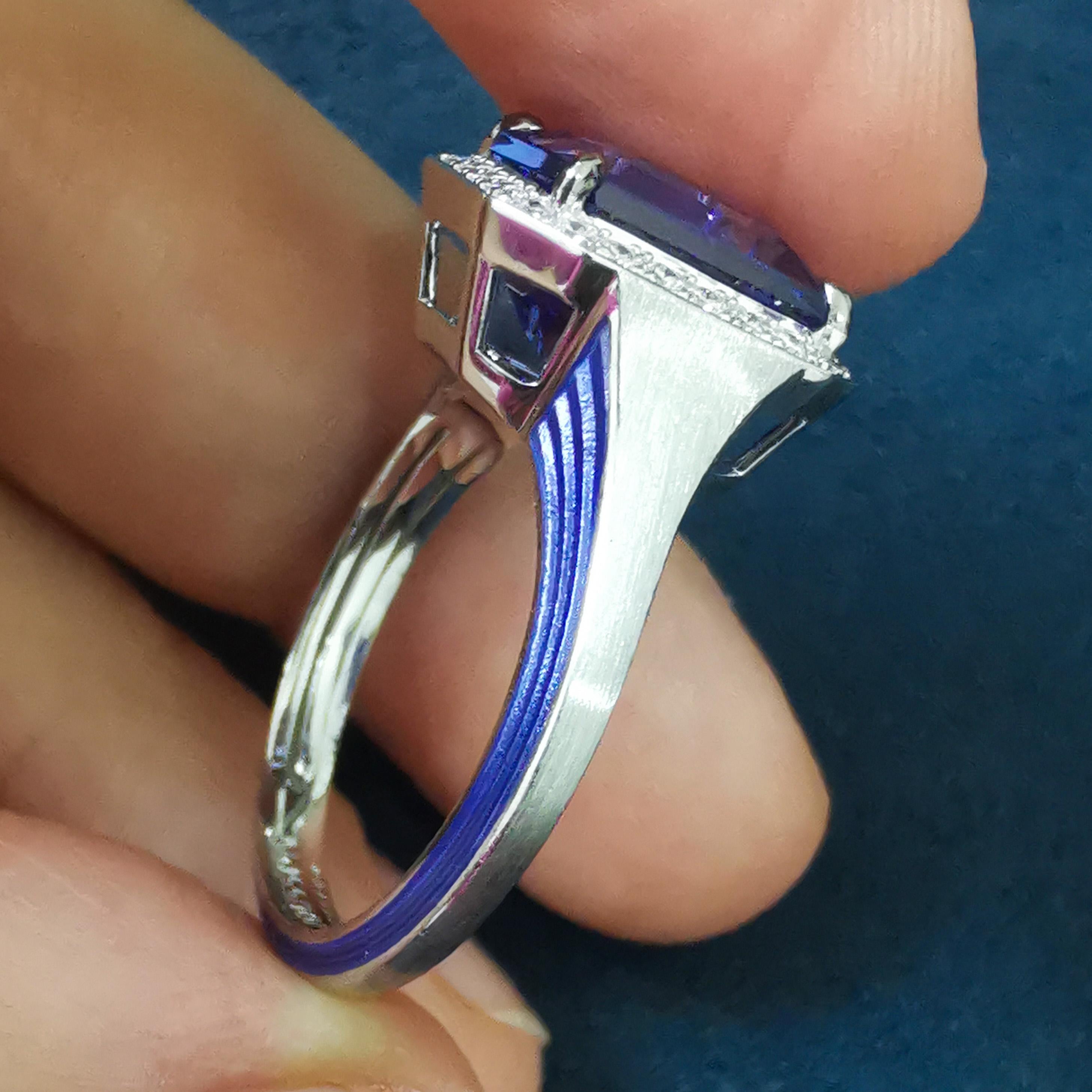 Octagon Cut Tanzanite 4.84 Carat Diamonds 18 Karat White Gold Enamel New Classic Ring For Sale