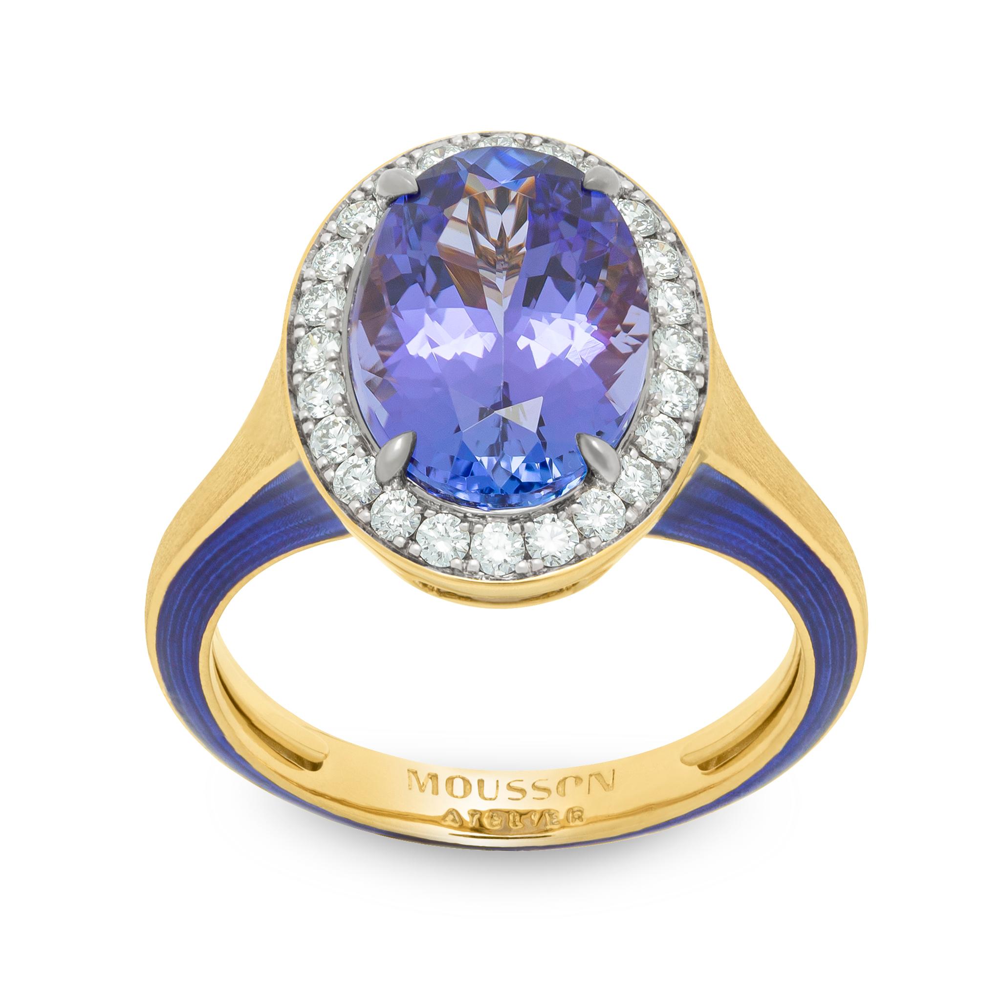 Tanzanite 4.91 Carat Diamonds 18 Karat Yellow White Gold Enamel New Classic Ring
We have published a series of New Classic Rings with the same idea but with different details. Introducing a Ring crafted from 18 Karat Yellow Gold, which creates a