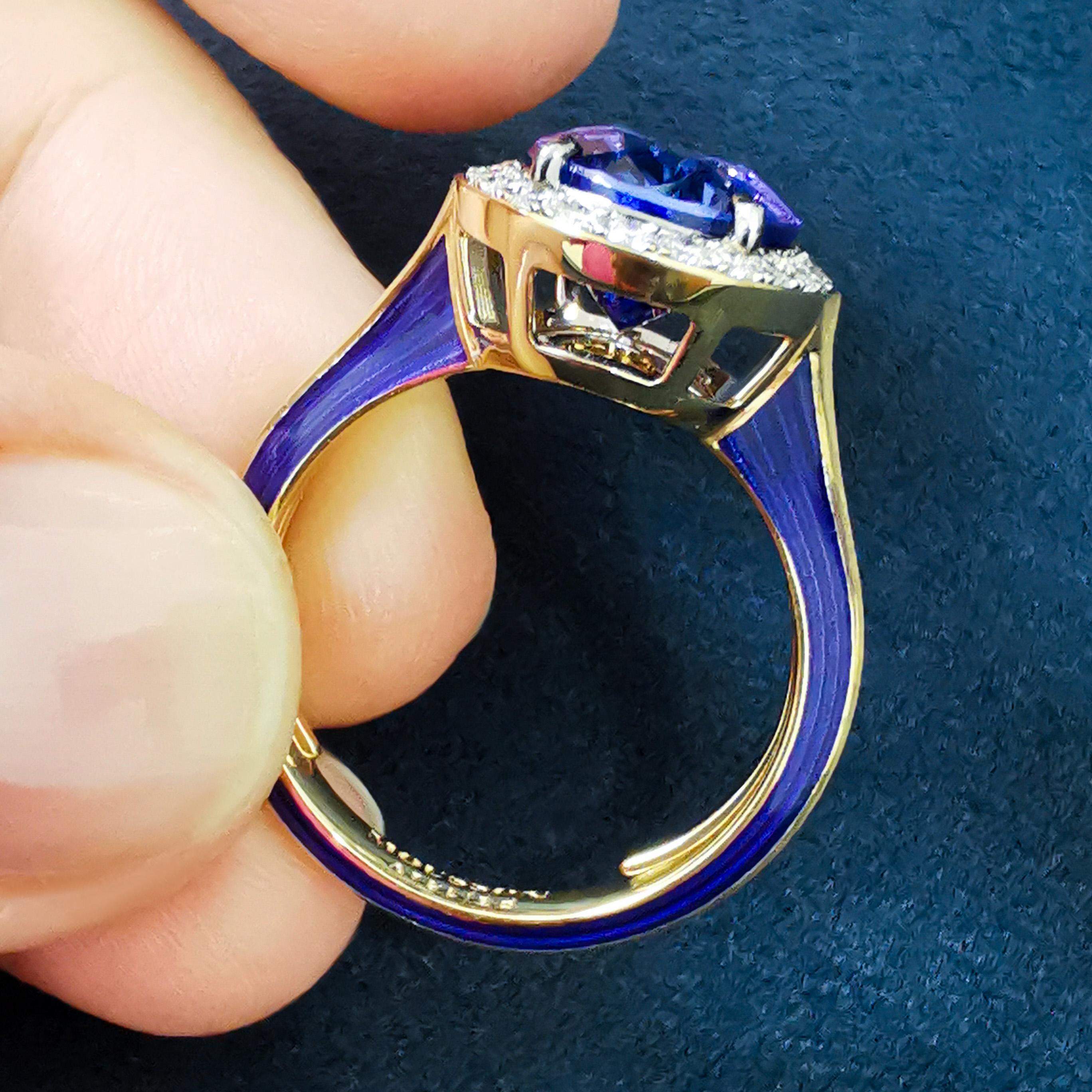 Oval Cut Tanzanite 4.91 Carat Diamonds 18 Karat Yellow White Gold Enamel New Classic Ring For Sale