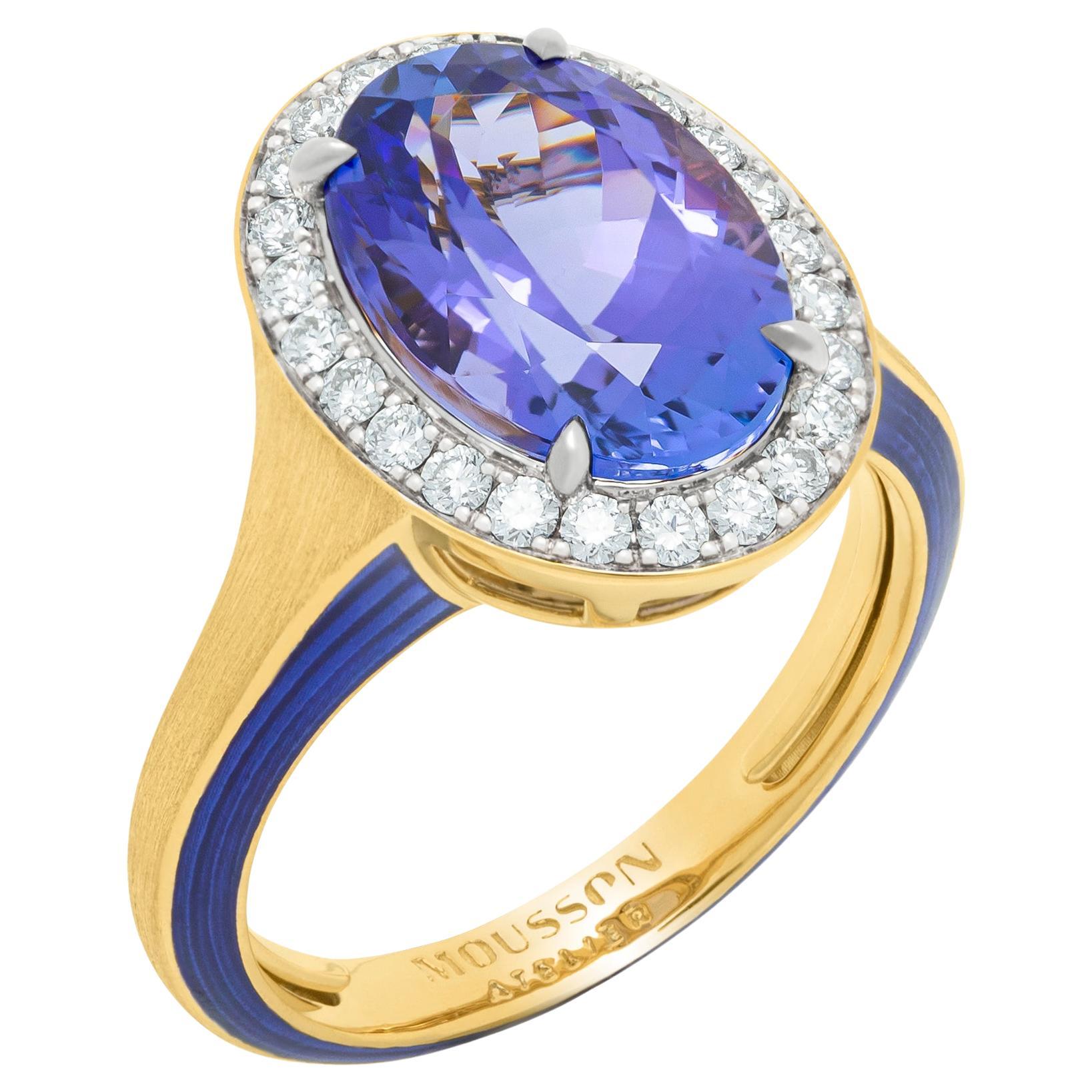 Tanzanite 4.91 Carat Diamonds 18 Karat Yellow White Gold Enamel New Classic Ring For Sale