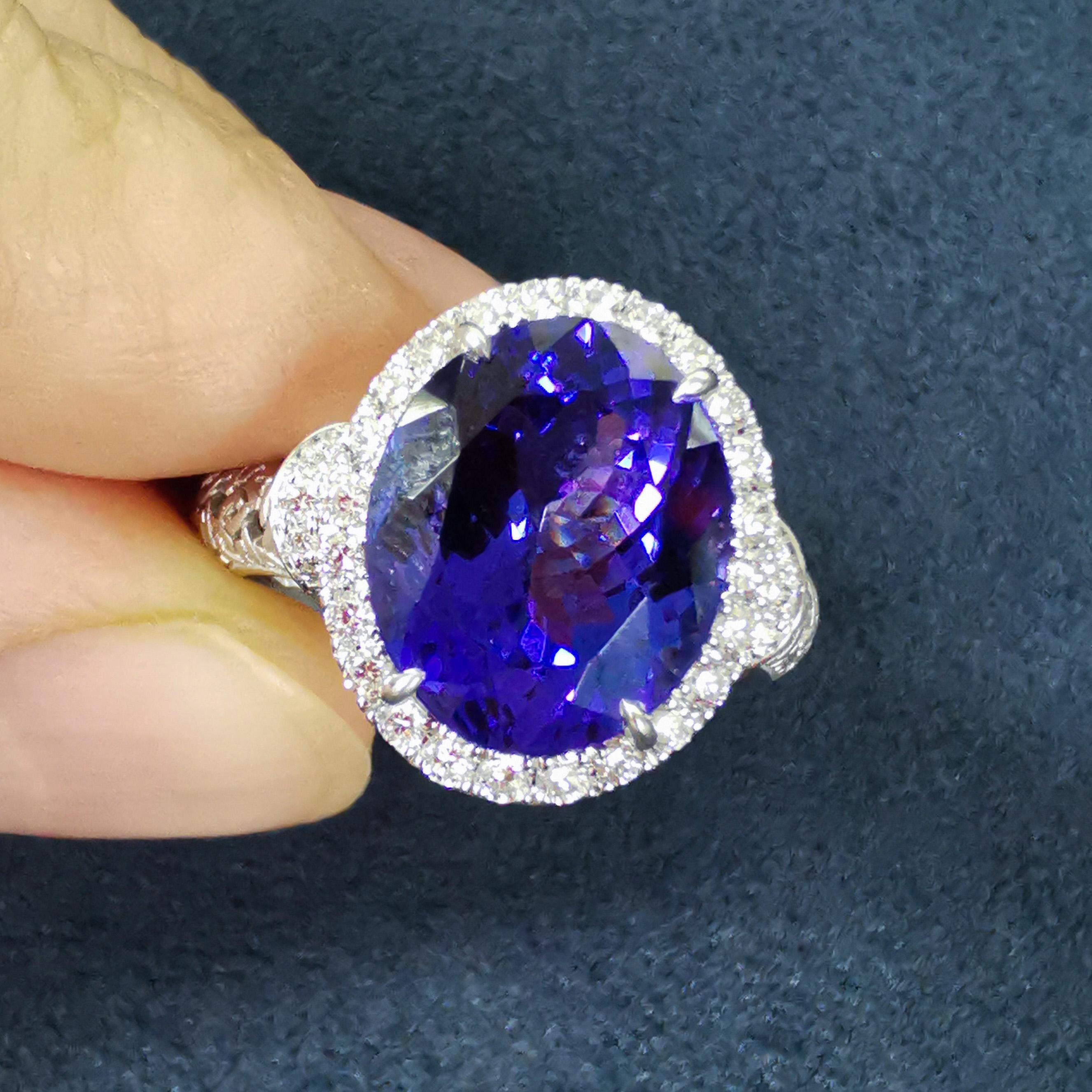 Oval Cut Tanzanite 5.48 Carat Diamonds 18 Karat White Gold New Classic Ring For Sale
