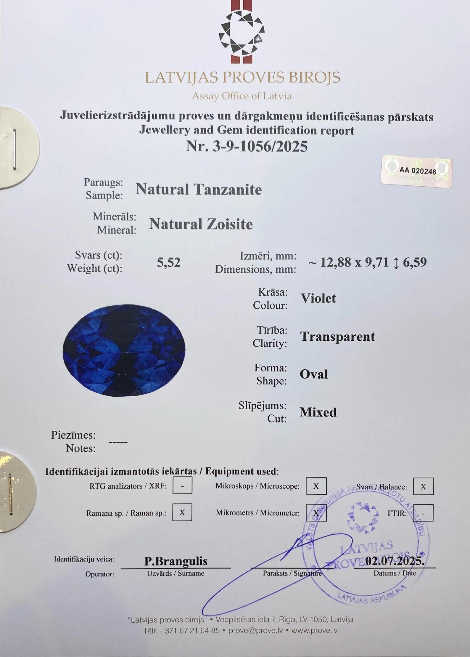 Tansanit 5.52Ct Natürlicher Edelstein, Oval, 12.88x9.71x6.59mm, Tansania, zertifiziert im Angebot 2