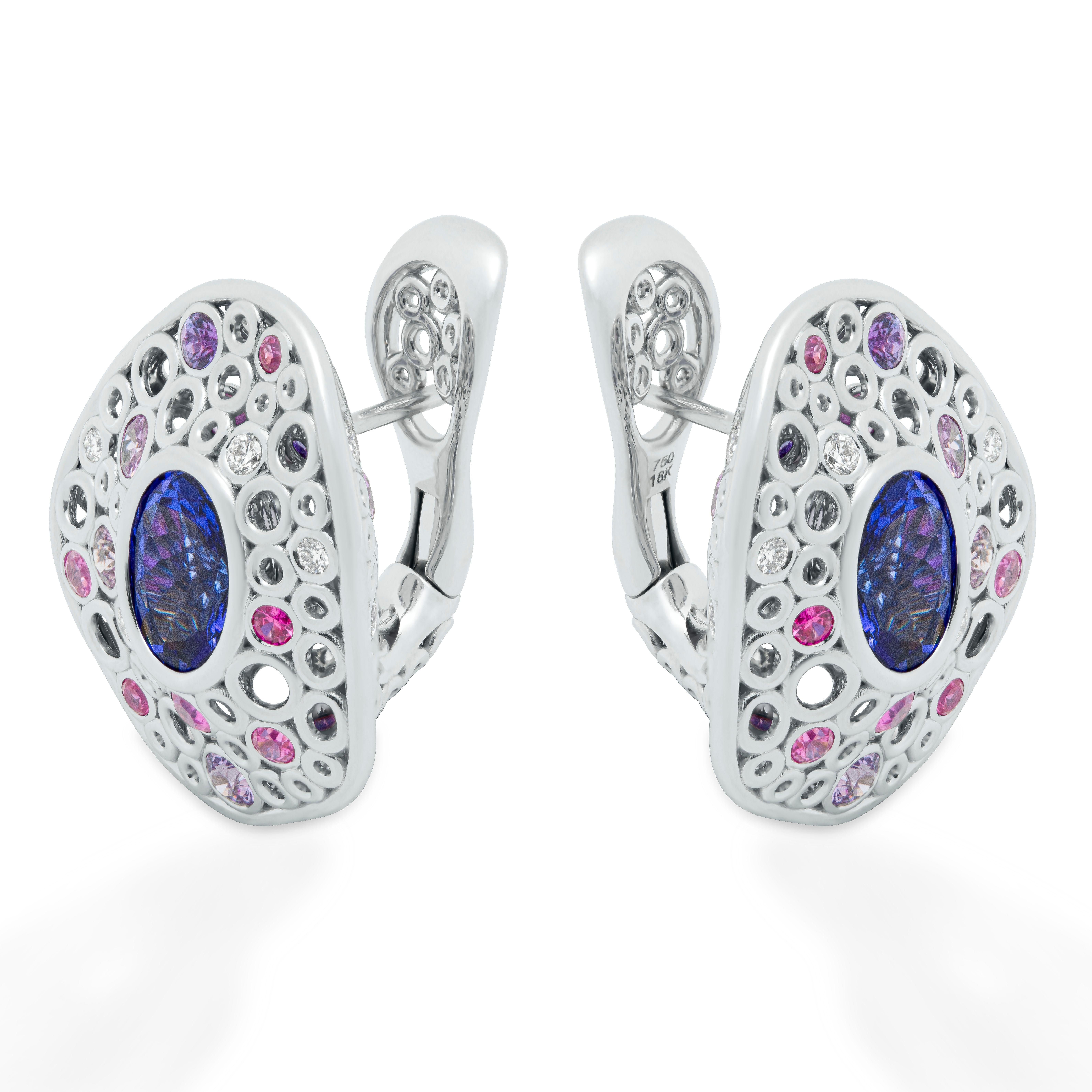 Tanzanite 5.99 Carat Diamonds Sapphires 18 Karat White Gold Bubble Earrings
Incredibly light and airy Earrings from our Bubbles Collection. White 18 Karat Gold is made in the form of variety of small bubbles, some of which have 12 Pink and 22 Purple