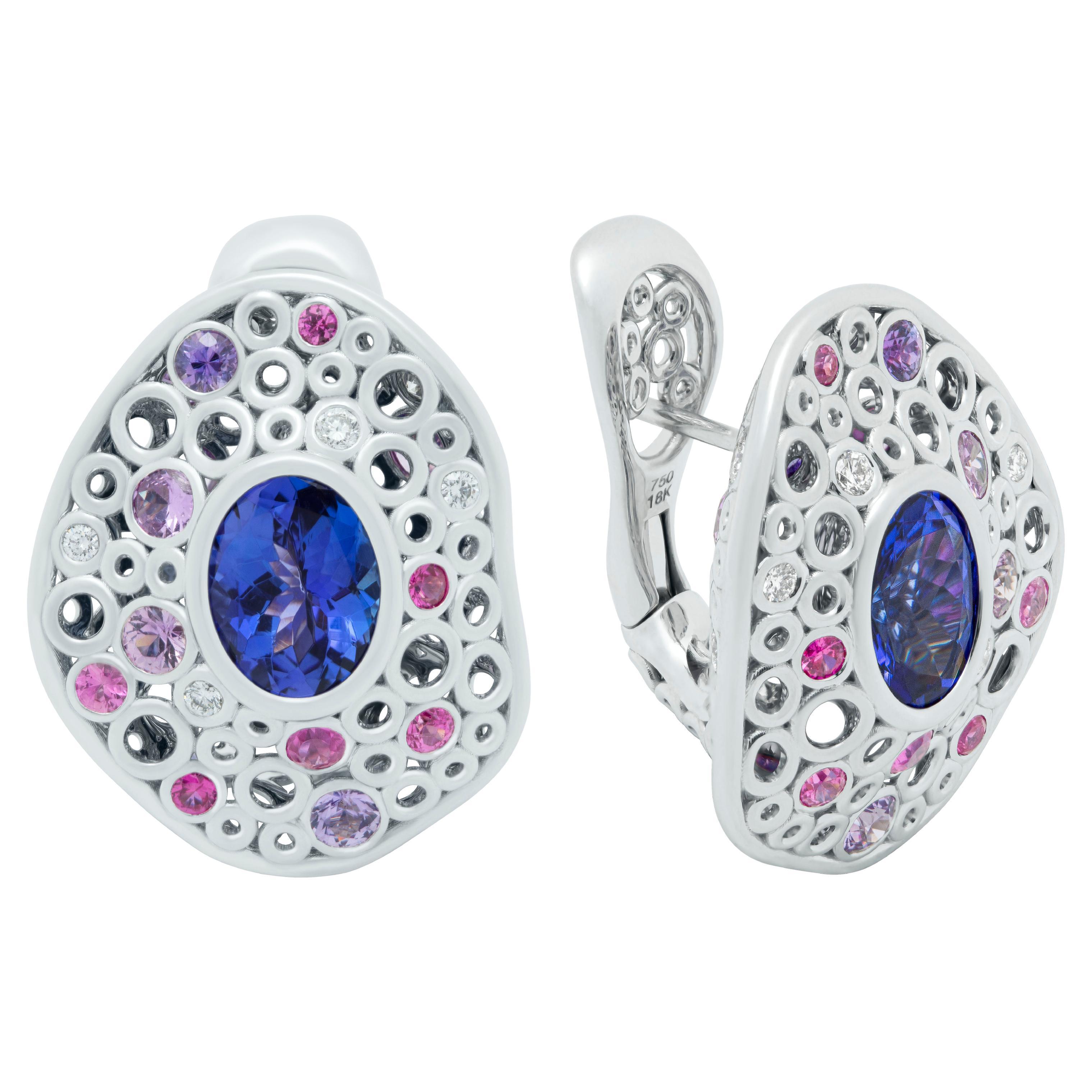 Tanzanite 5.99 Carat Diamonds Sapphires 18 Karat White Gold Bubble Earrings