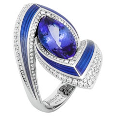 Anello con tanzanite 6,20 carati, diamanti e smalto in oro bianco 18 carati