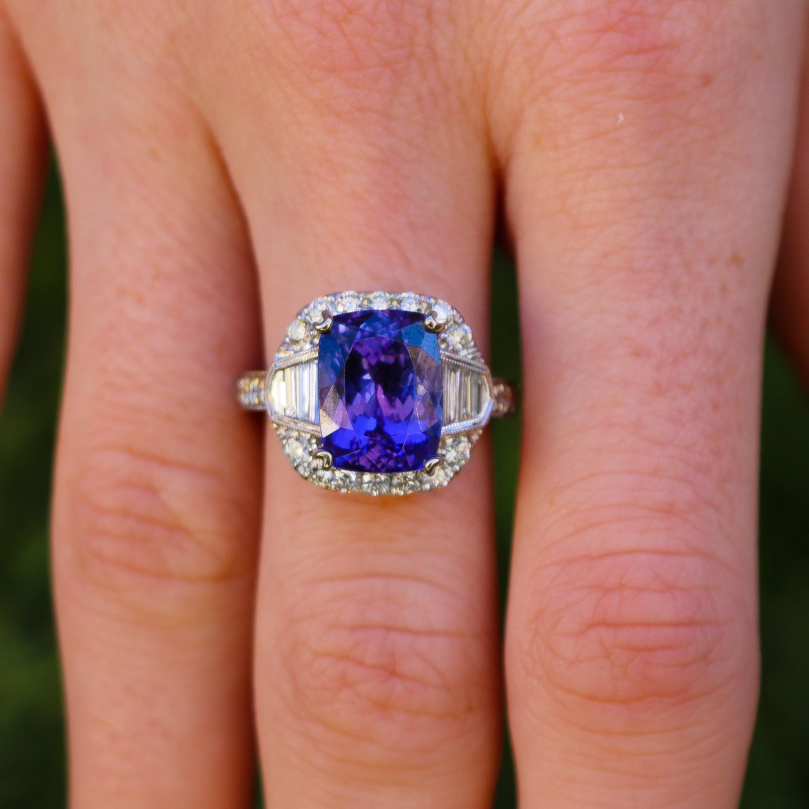 Tanzanite = 6.88 carats
Diamonds = 1.2 carats
( Color: F, Clarity: VS )
18K White Gold
Ring Size = 6
Complimentary Ring Sizing Available
Jewelry Gift Box Included