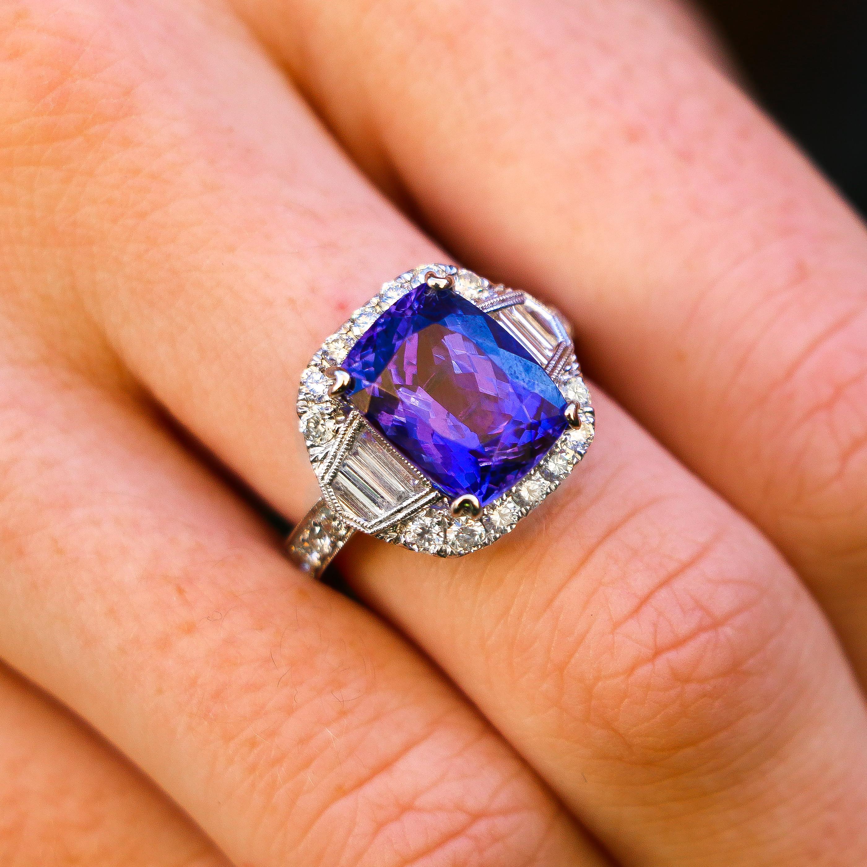 Asscher Cut Tanzanite 6.88 Carat and Diamonds 1.20 Carat Ring