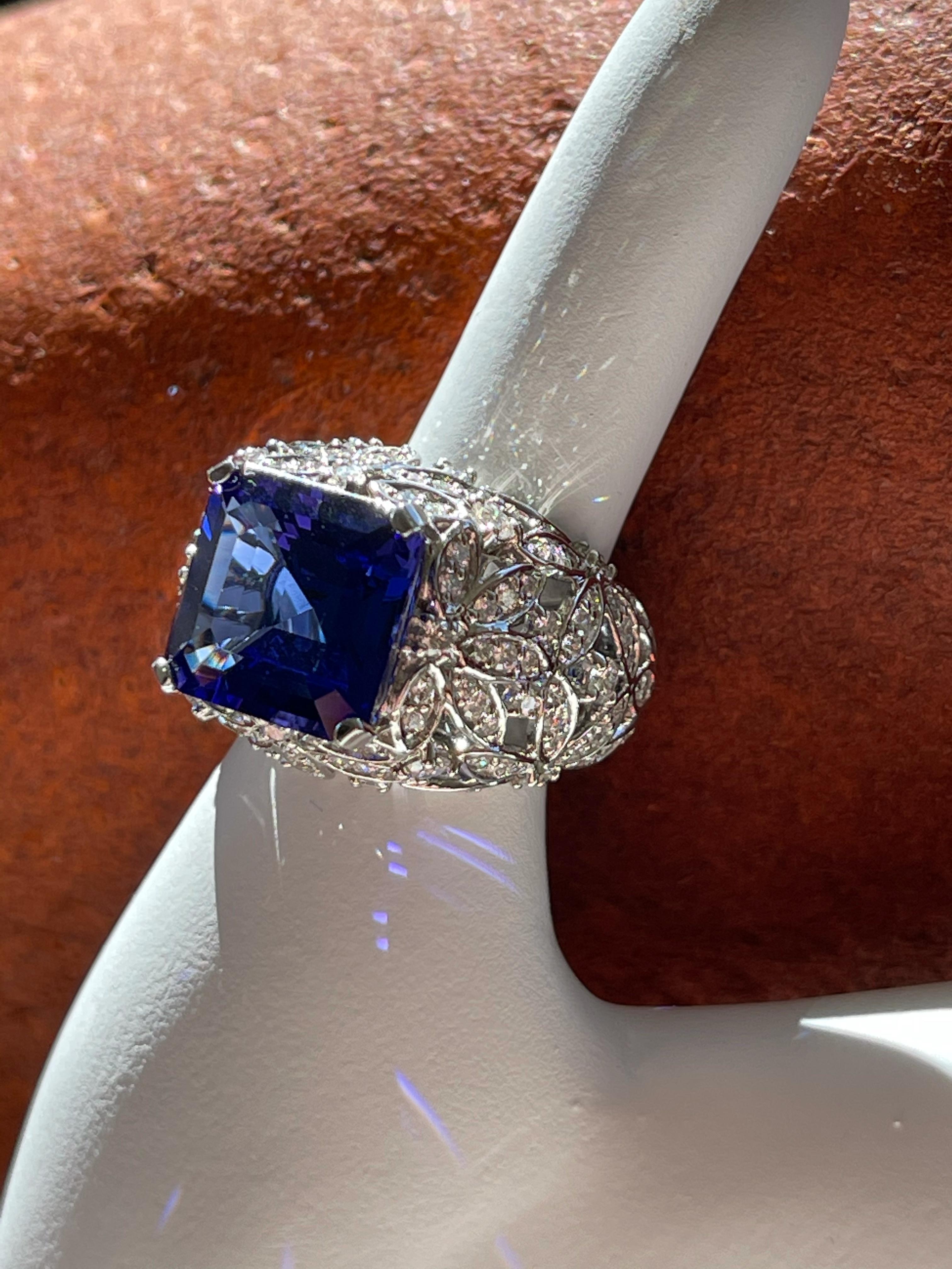 Asscher Cut Tanzanite 7.0 Carat and Diamond Gold Ring