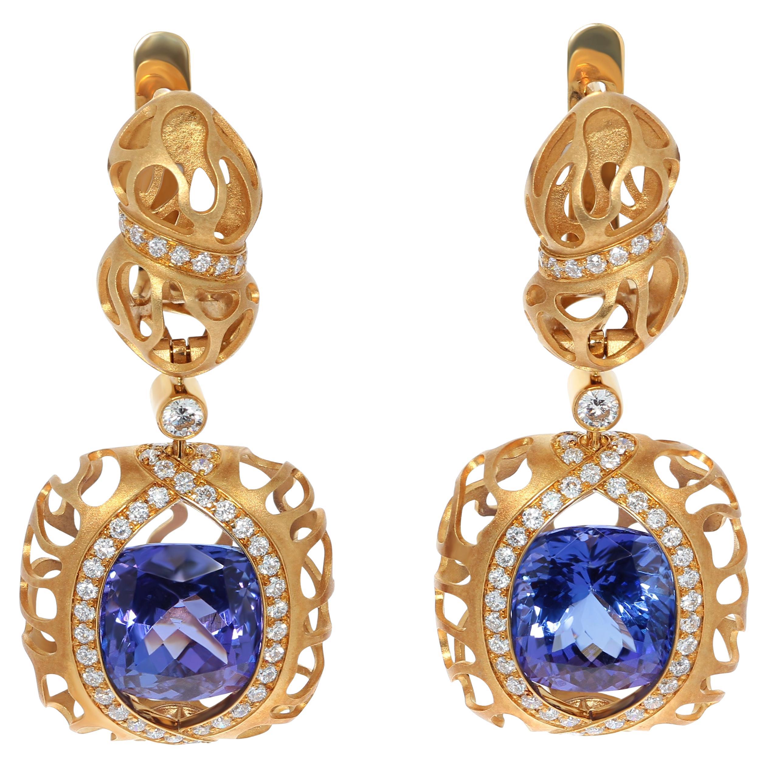 Tanzanite 7.10 Carat Diamonds 18 Karat Yellow Gold Coral Reef Earrings For Sale