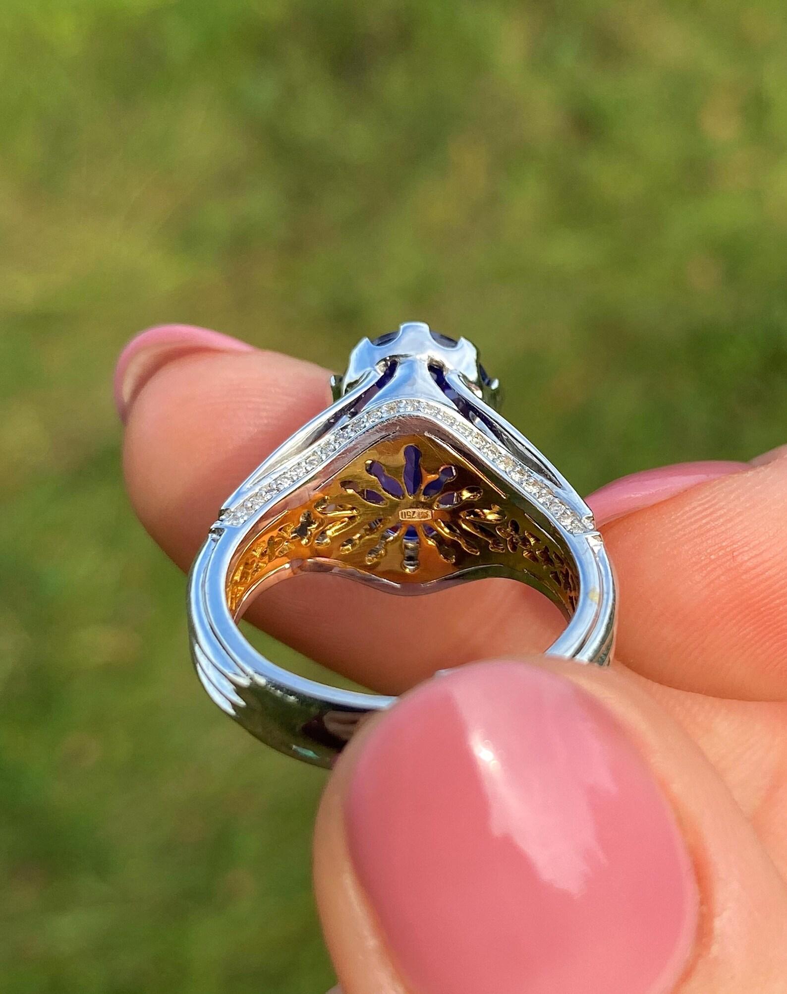 Tansanit 7.37Ct und Diamanten Edelstein Ring, massiv 18 Kt, Weiß- und Gelbgold im Angebot 3