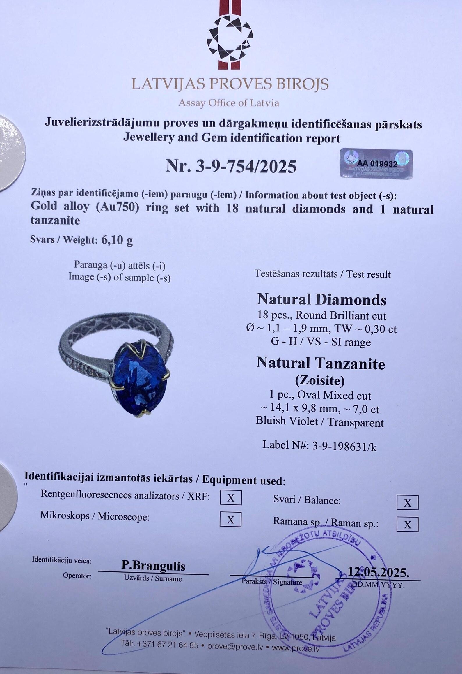Bague en Tanzanite 7Ct et Diamants, Or blanc massif 18 carats, 7US Neuf - En vente à Daugavpils, LV
