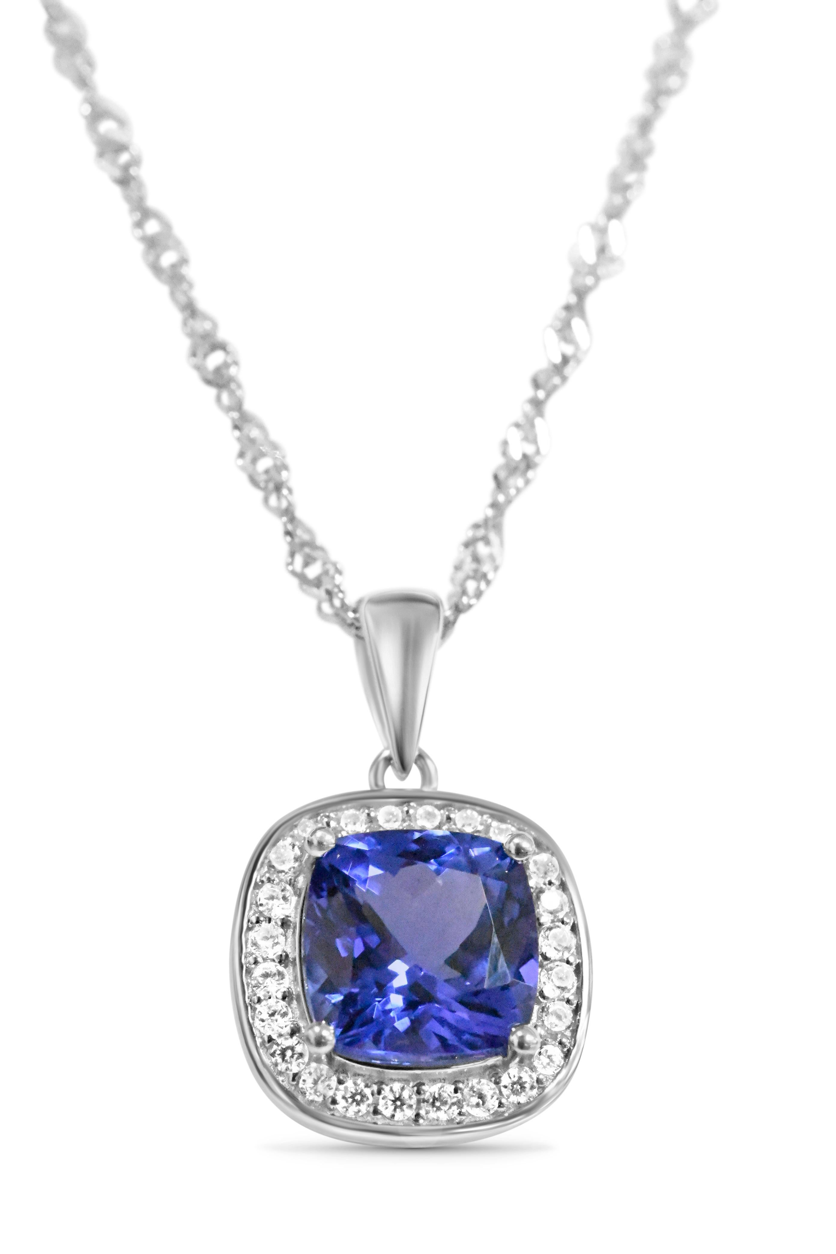 Tanzanite 925 Rhodium  Metal Platted Women's Pendant 2.41cts
Primary Stone : Tanzanite
Stone Shape: 8 x 8mm Cushion
Stone Weight : 2.41cts
Metal Weight :1.42g

Secondary Stone: White CZ
No of Stone: 24 pieces